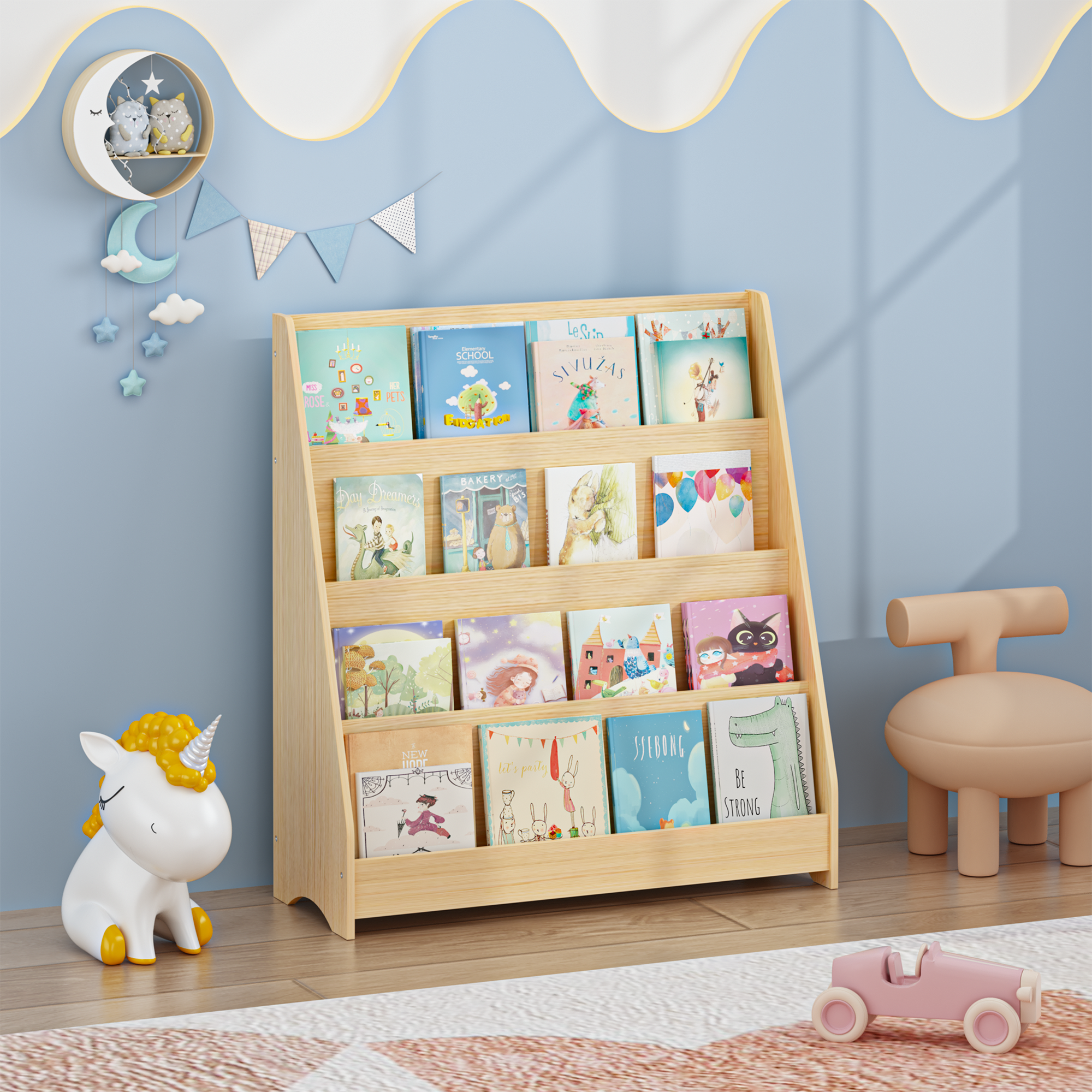 4-Tier MDF Toddler Book Display Shelves Kids Bookshelf