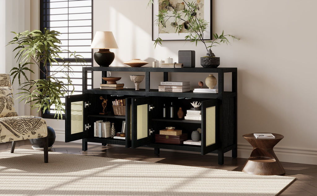 Bohemian Style Rattan Storage Cabinet with 3-position Adjustable Shelves