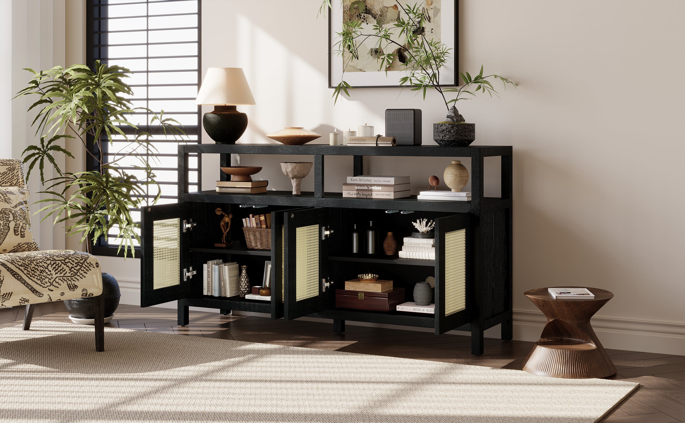 Bohemian Style Rattan Storage Cabinet with 3-position Adjustable Shelves