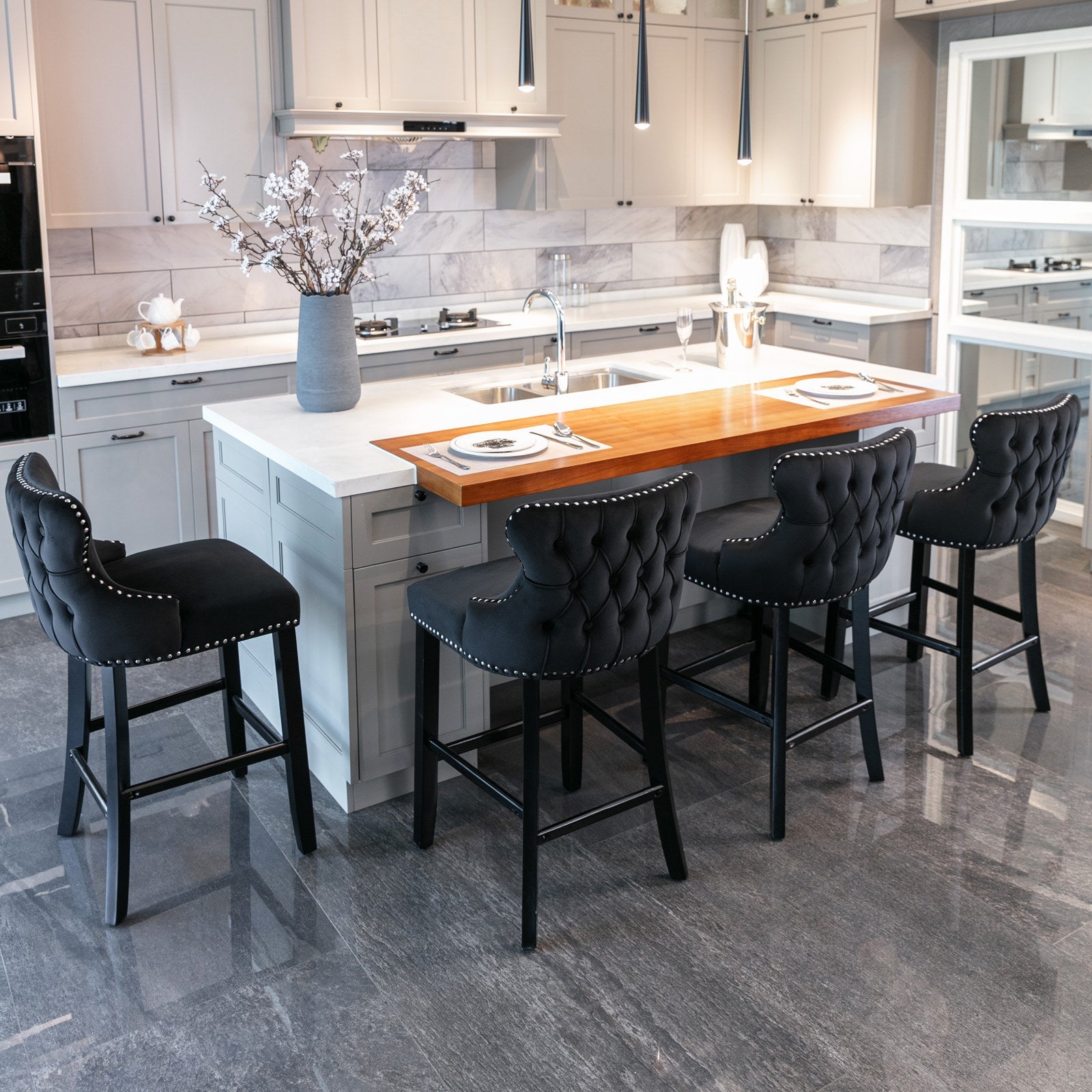 Leisure Style Velvet Upholstered Wing-Back Barstools (Set of 2)