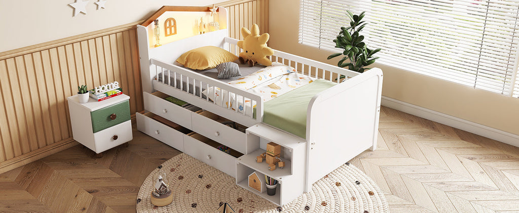 Wooden Twin Loft Bed with House Shape Headboard