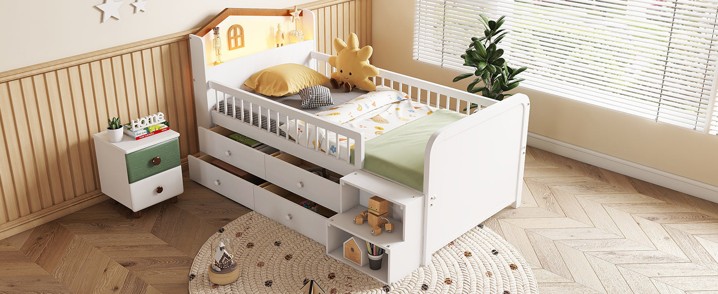 Wooden Twin Loft Bed with House Shape Headboard