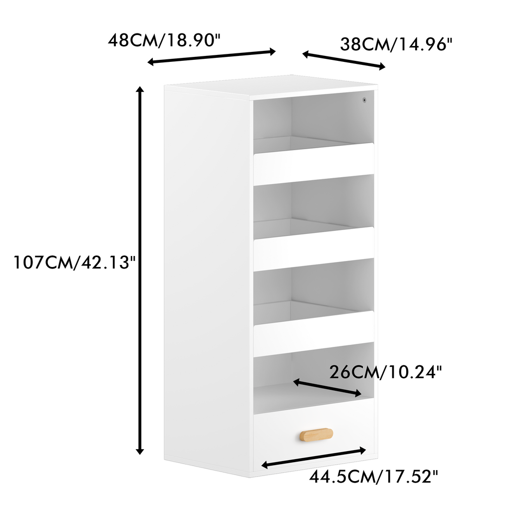 4-Tier Freestanding Bookshelf with 3 Sliding Drawers and 1 Bottom Drawer