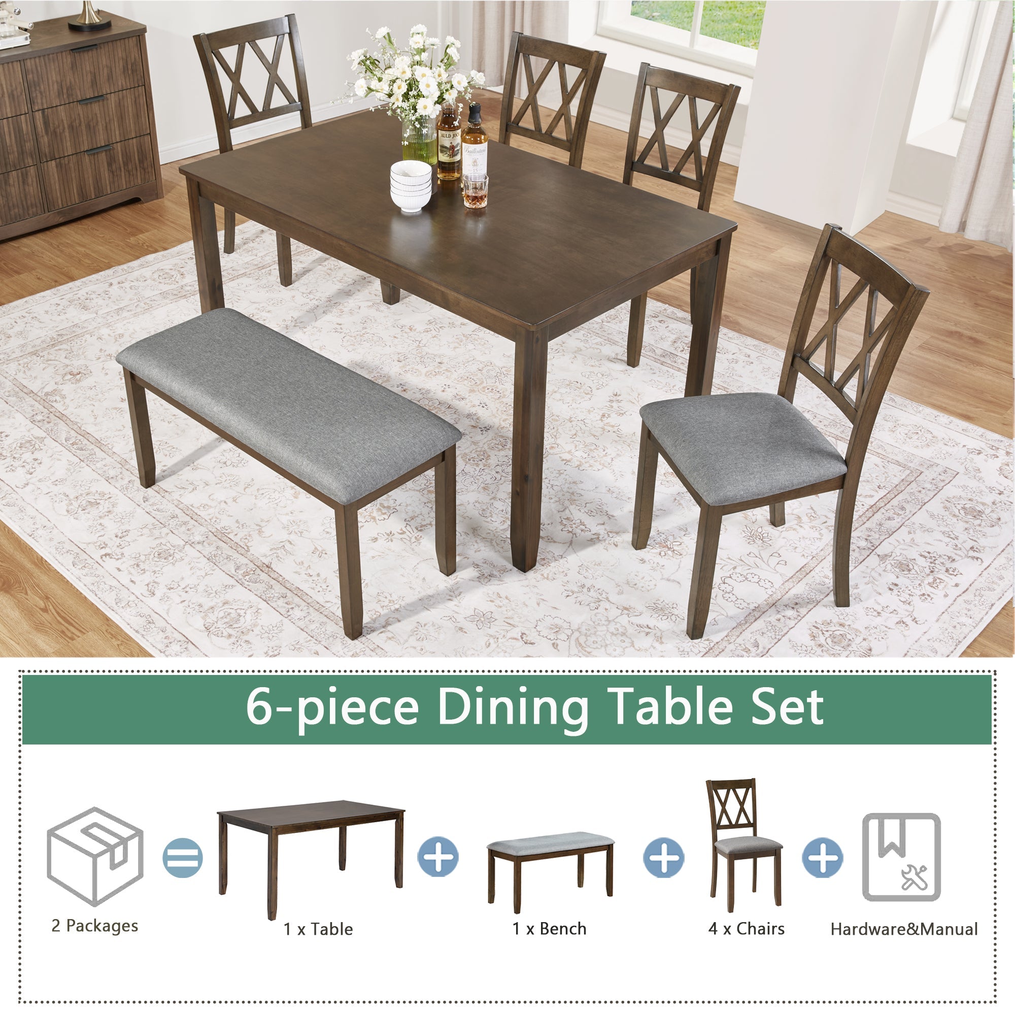 Elegant 6 Pieces Wooden Dining Table Set