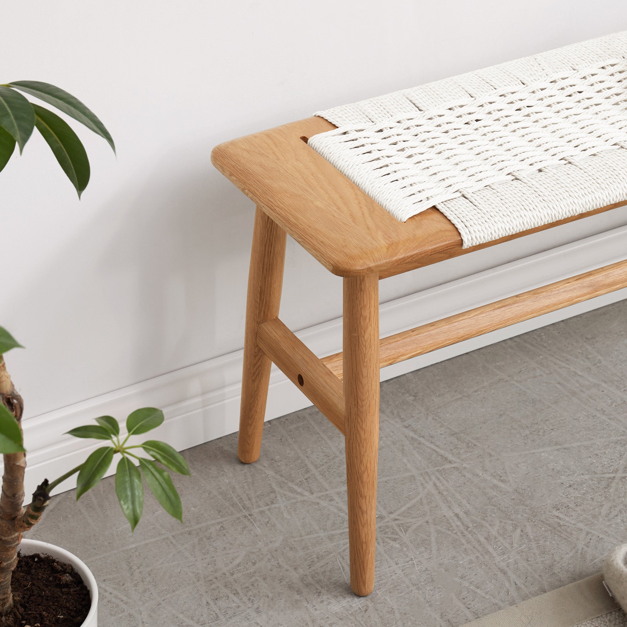 Woven Design Oak  Dining Bench with Handwoven Cane Seat