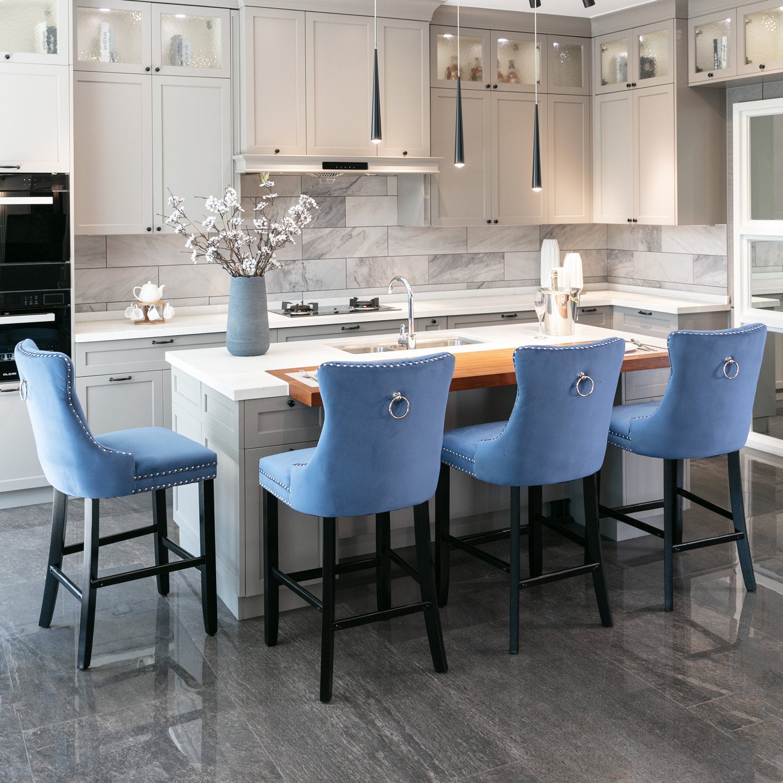 Contemporary Velvet Upholstered Barstools with Button Tufted Decoration (Set of 2)