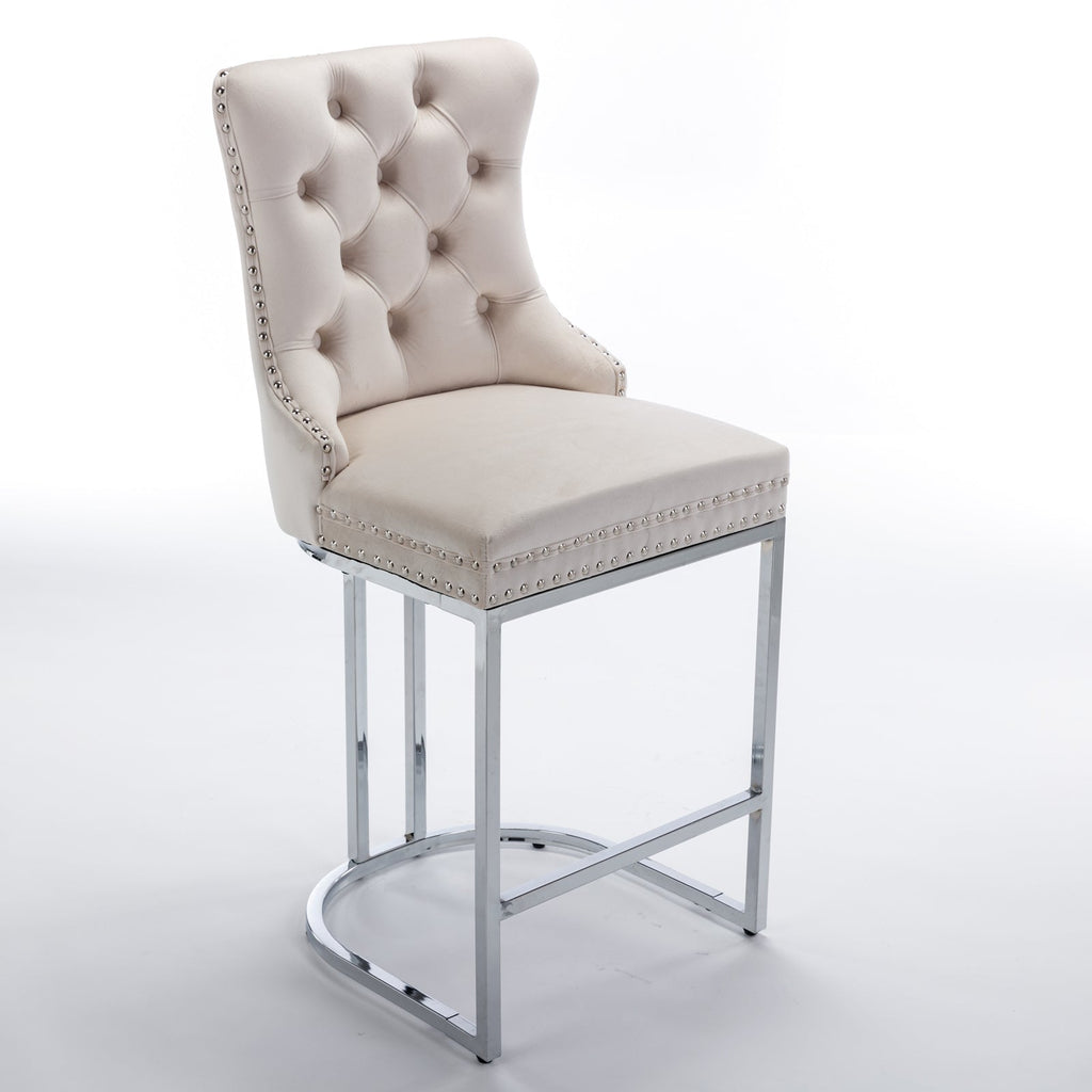 Luxury Elegant Nailhead Trim Tufted Velvet Bar Stools (Set of 2)