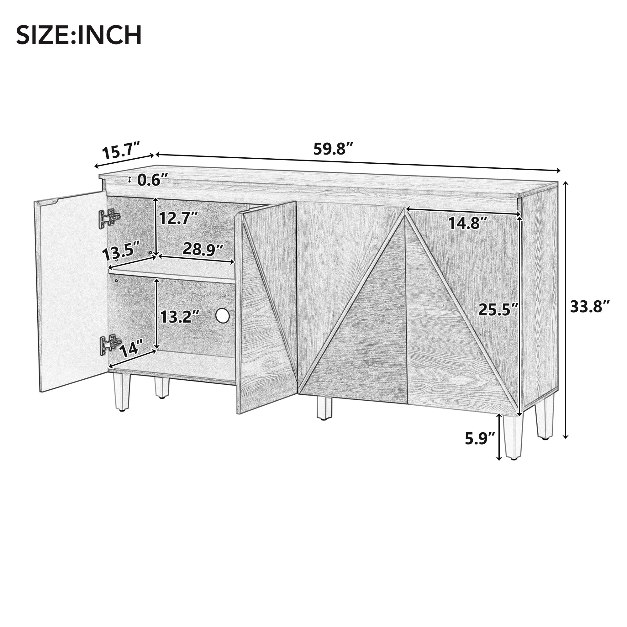 60' Retro Sideboard Cabinet with Adjustable Shelves