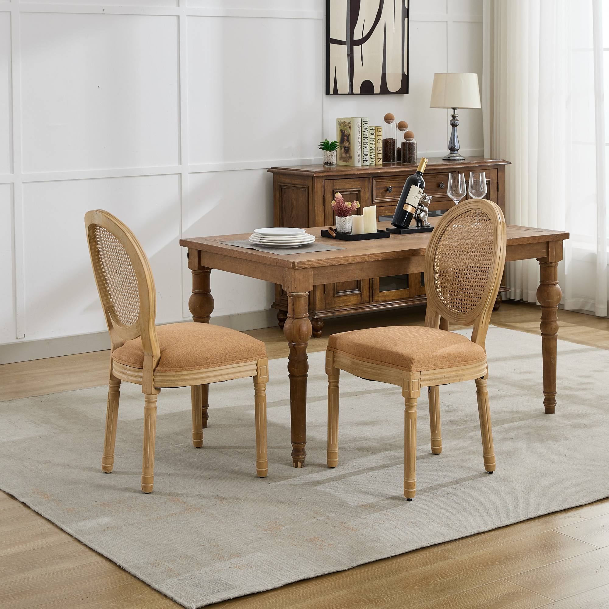 French Style Linen Fabric Rattan Back Dining Chairs (Set of 2)
