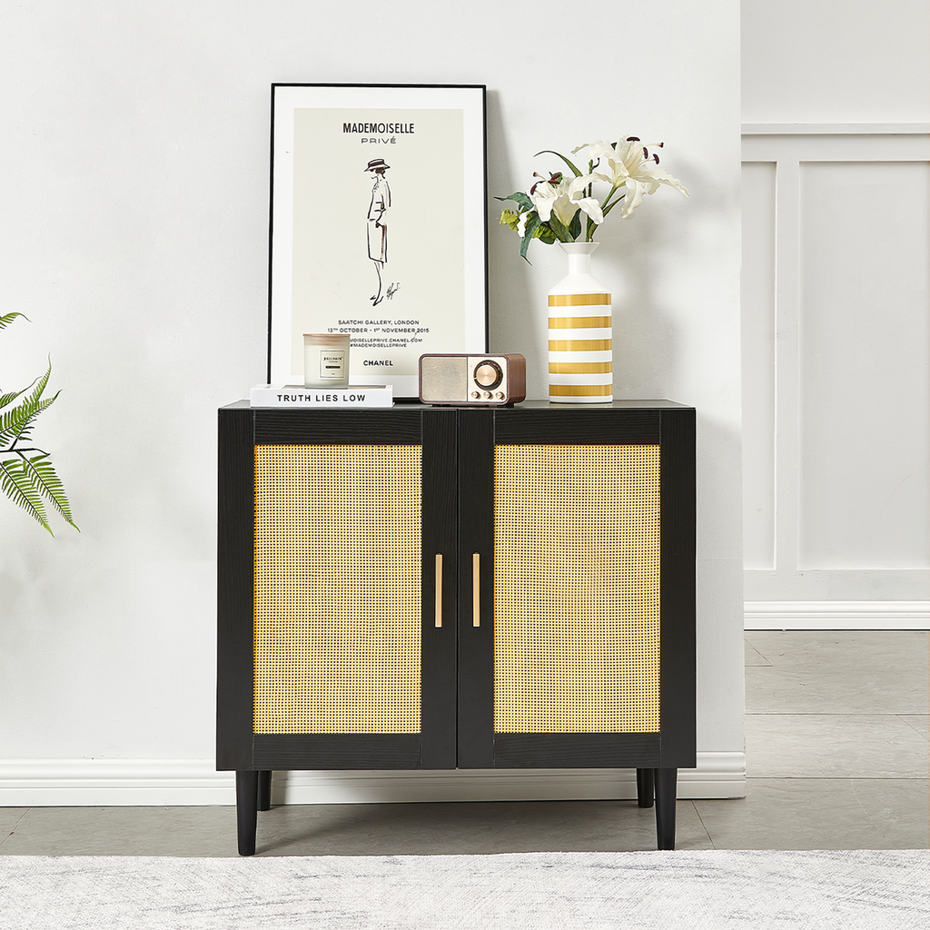 Side Panel Buffet Cabinet with Natural Rattan Door