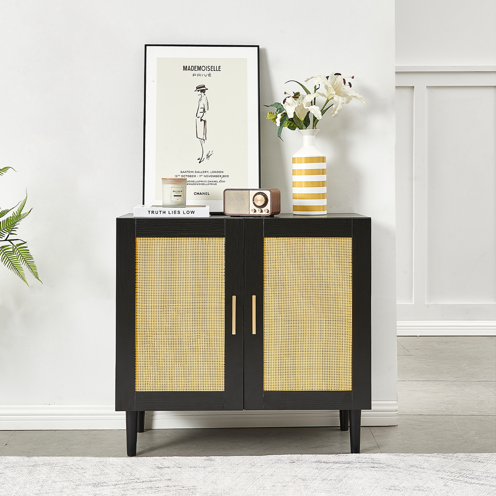 Side Panel Buffet Cabinet with Natural Rattan Door
