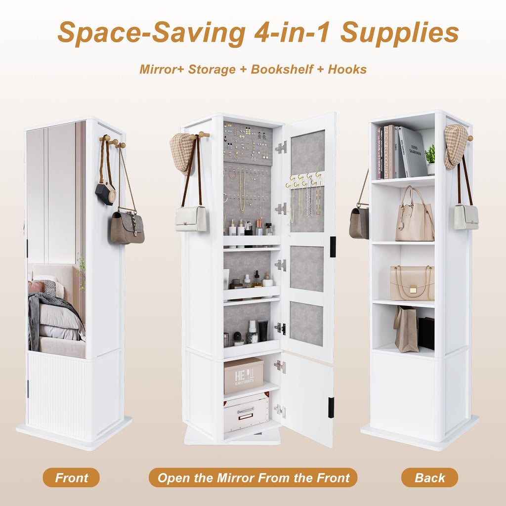 360° Rotating Makeup Cabinet with Full-Length Mirror and Jewelry Storage