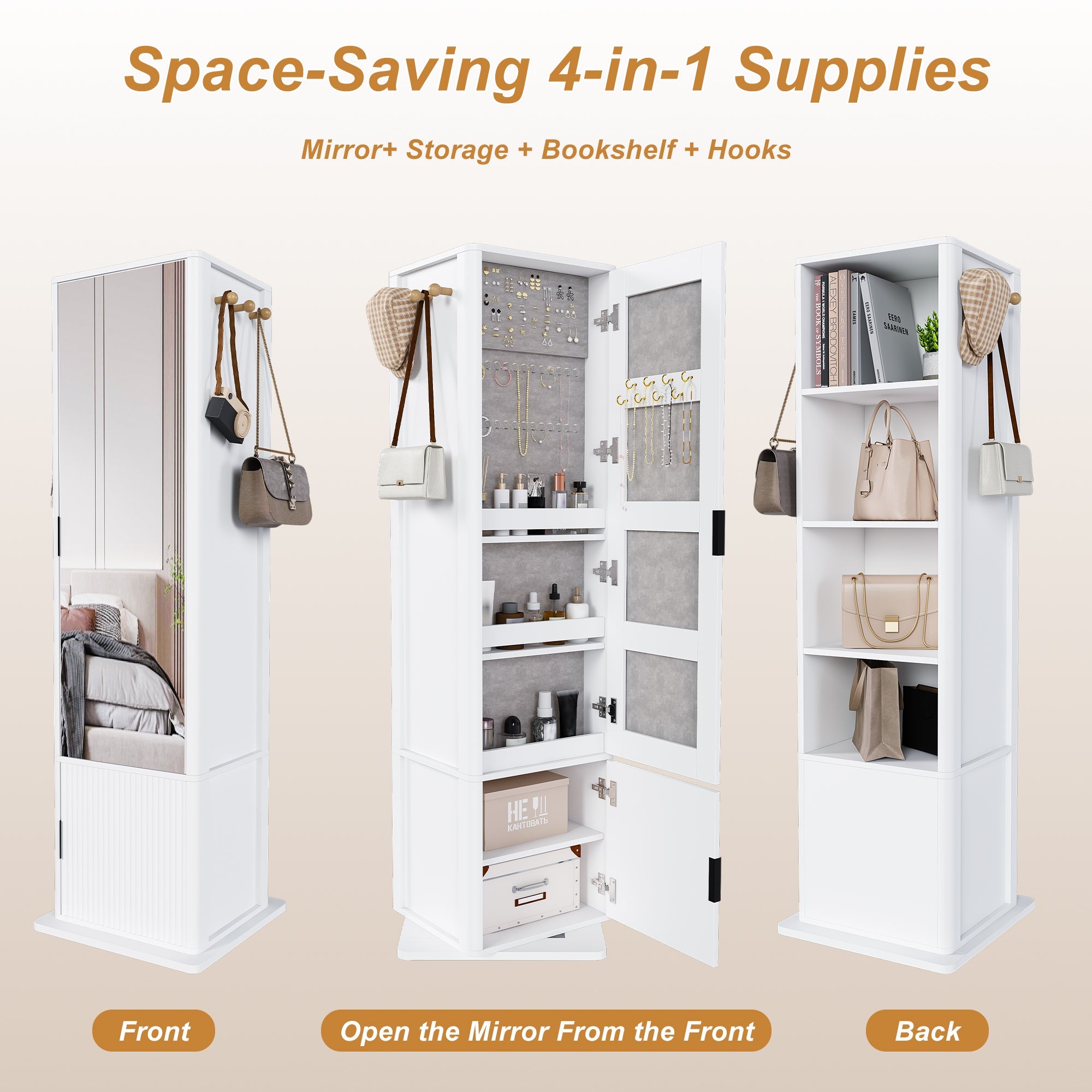 360° Rotating Makeup Cabinet with Full-Length Mirror and Jewelry Storage
