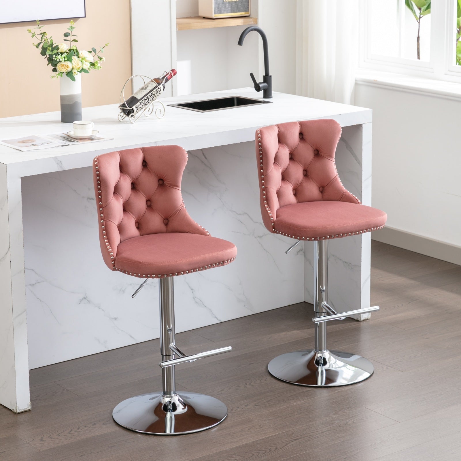 25-33 Inch Modern Velvet Swivel Barstools (Set of 2)