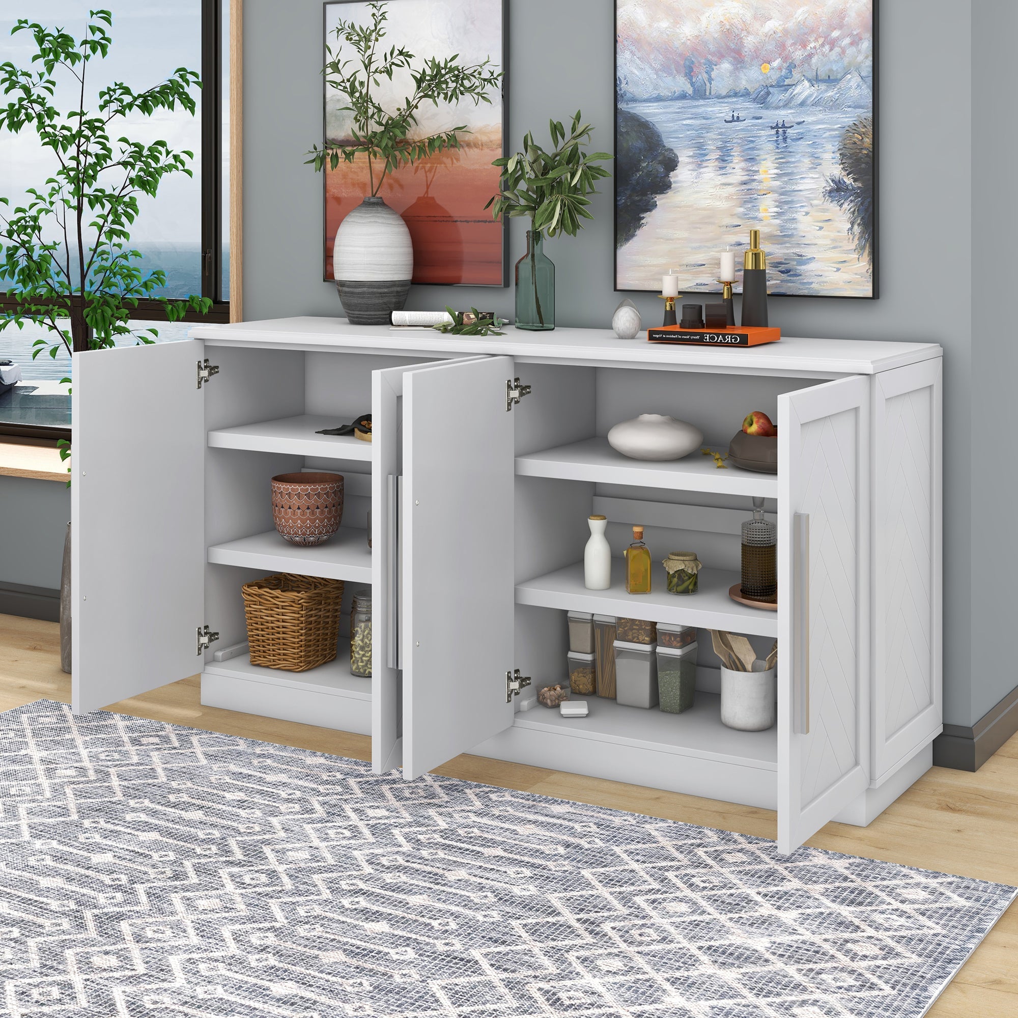Buffet Cabinet with Adjustable Shelves and Silver Handles