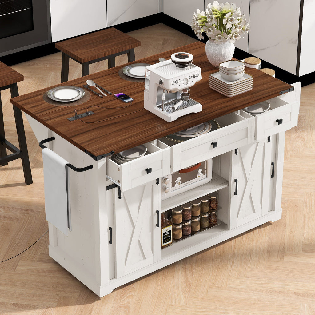 58“ Farmhouse Kitchen Island with Storage Sliding Barn Door Metal Grid Side Door