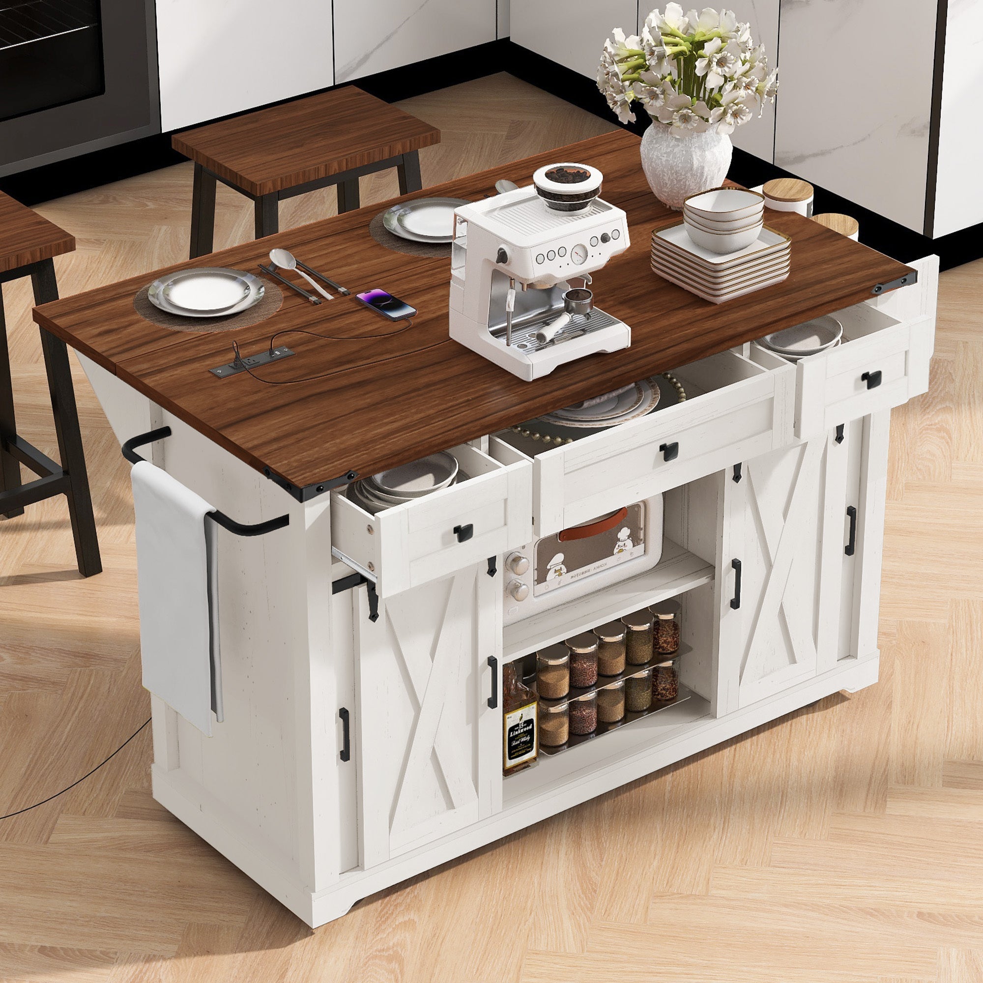 58“ Farmhouse Kitchen Island with Storage Sliding Barn Door Metal Grid Side Door
