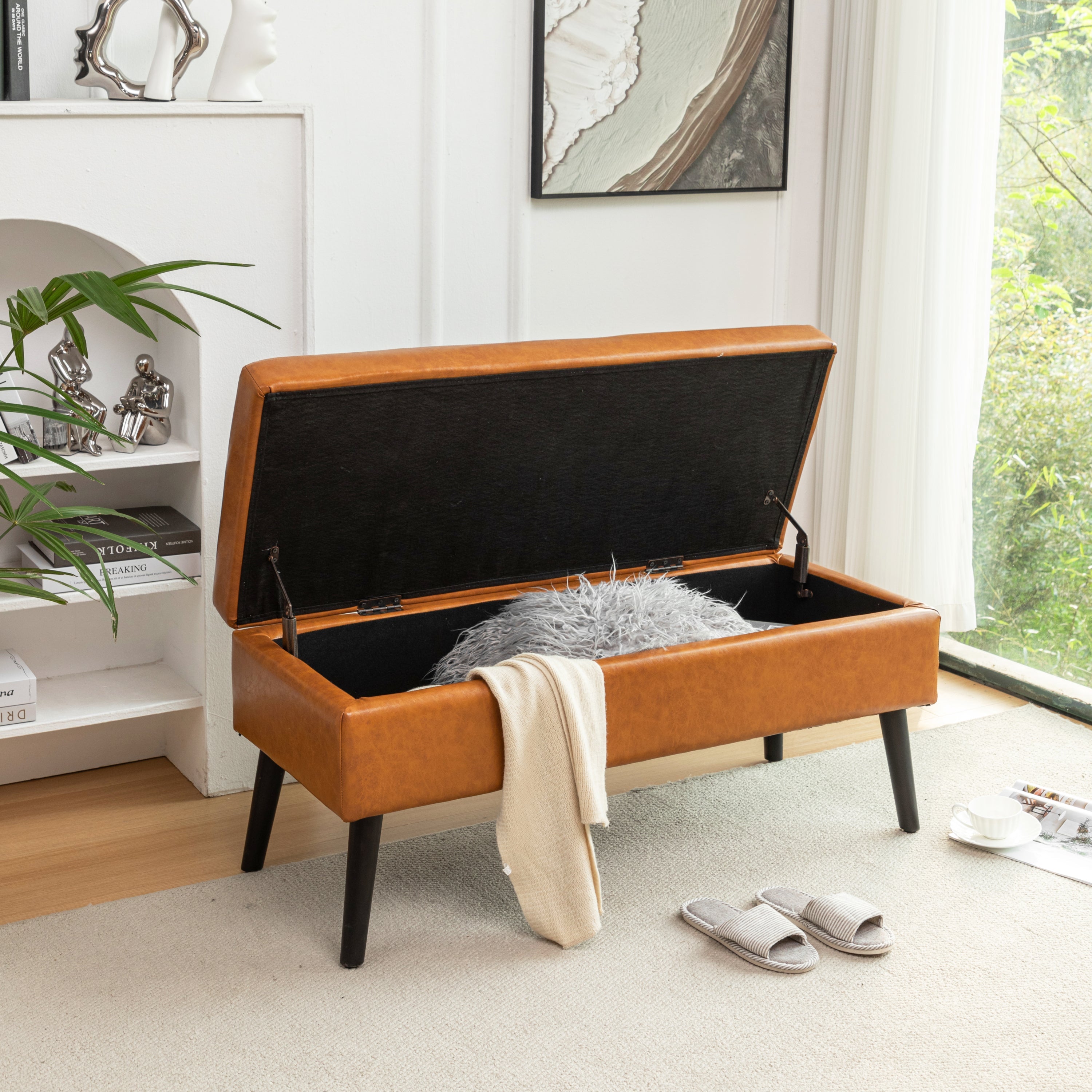 Brown PU Leather Storage Bench