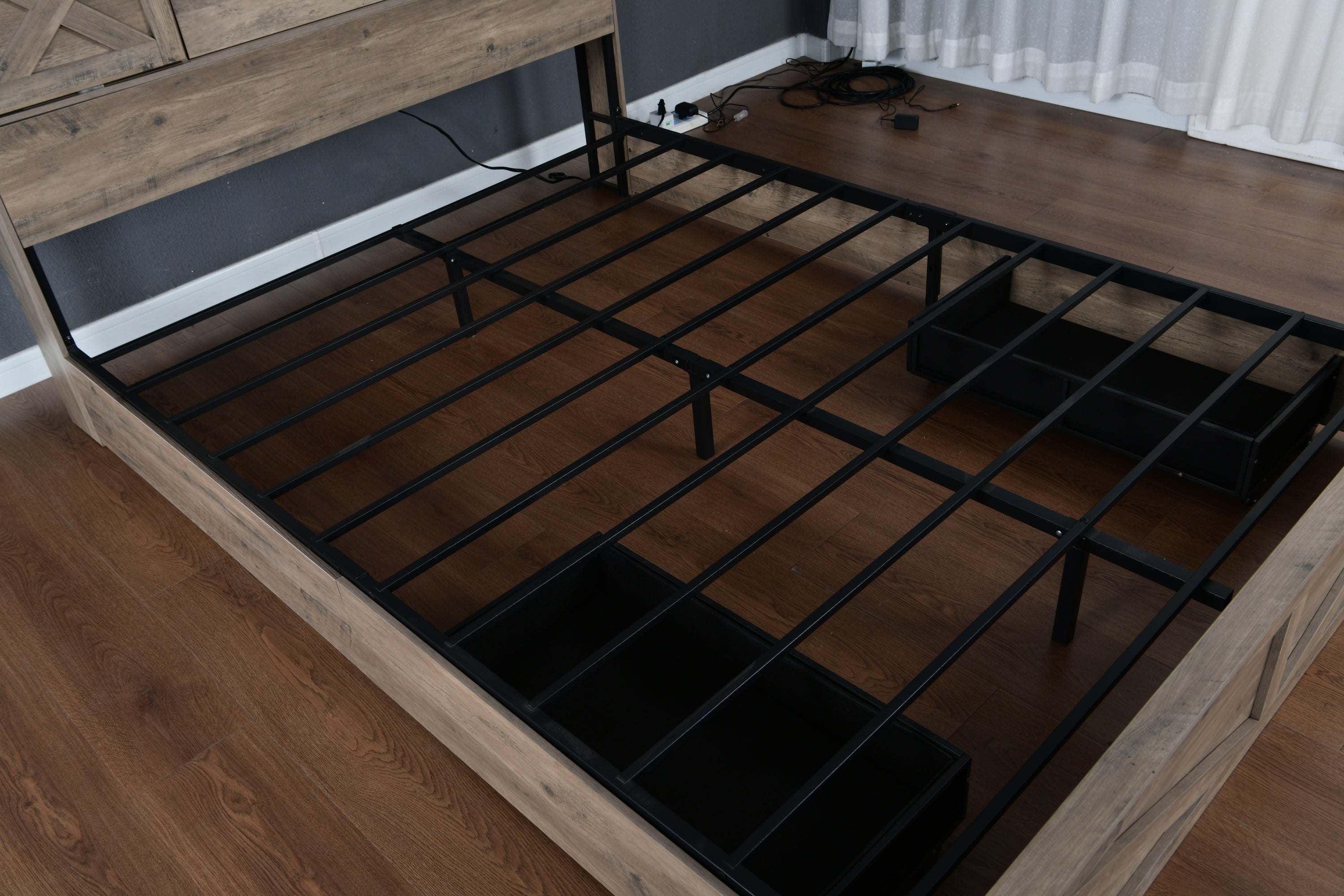 Farmhouse Bed Frame Queen Size with LED Lights and Charging Station