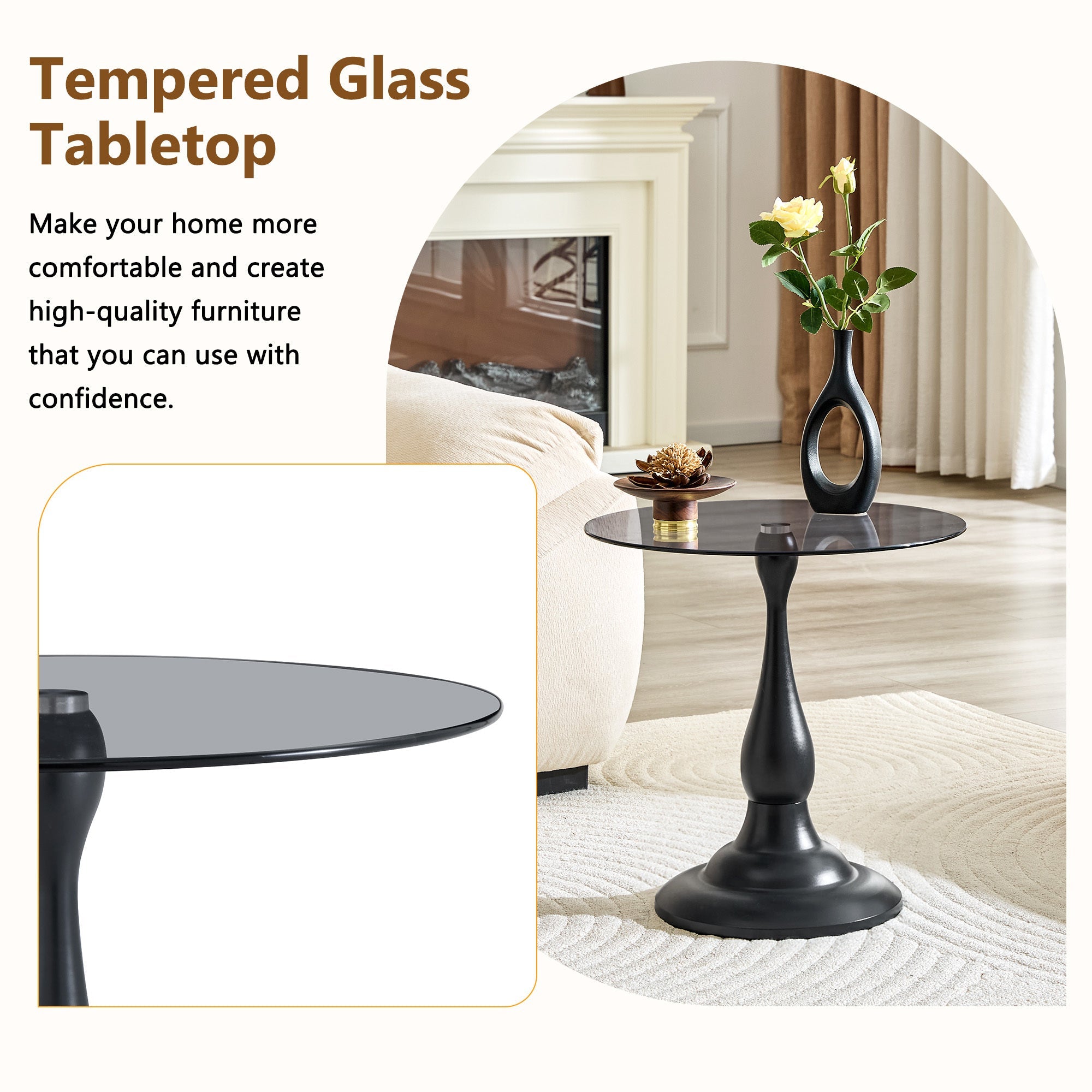 20" Small Luxury Metal Round Side Table with a Glass Top