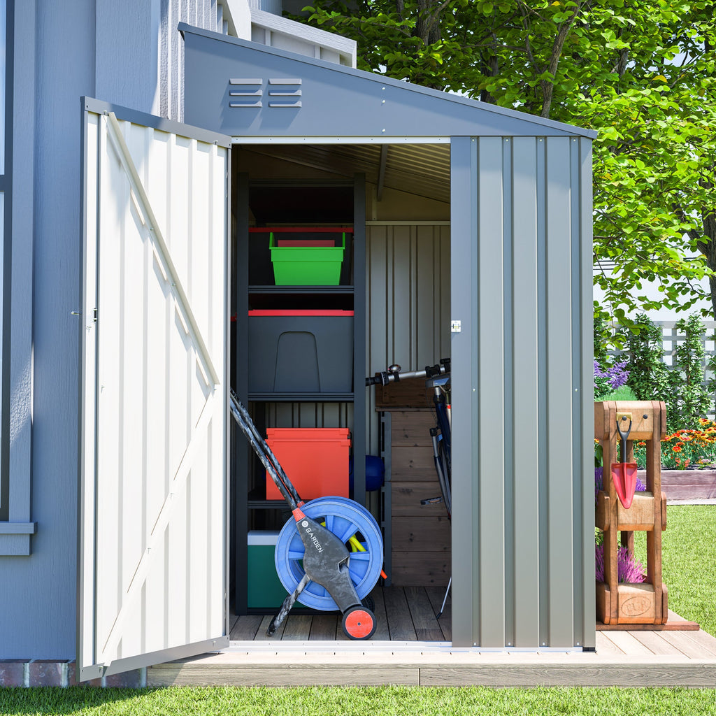 4x7 FT Lean To Shed Olive Grey Heavy Duty Steel Outdoor Garden Storage Case