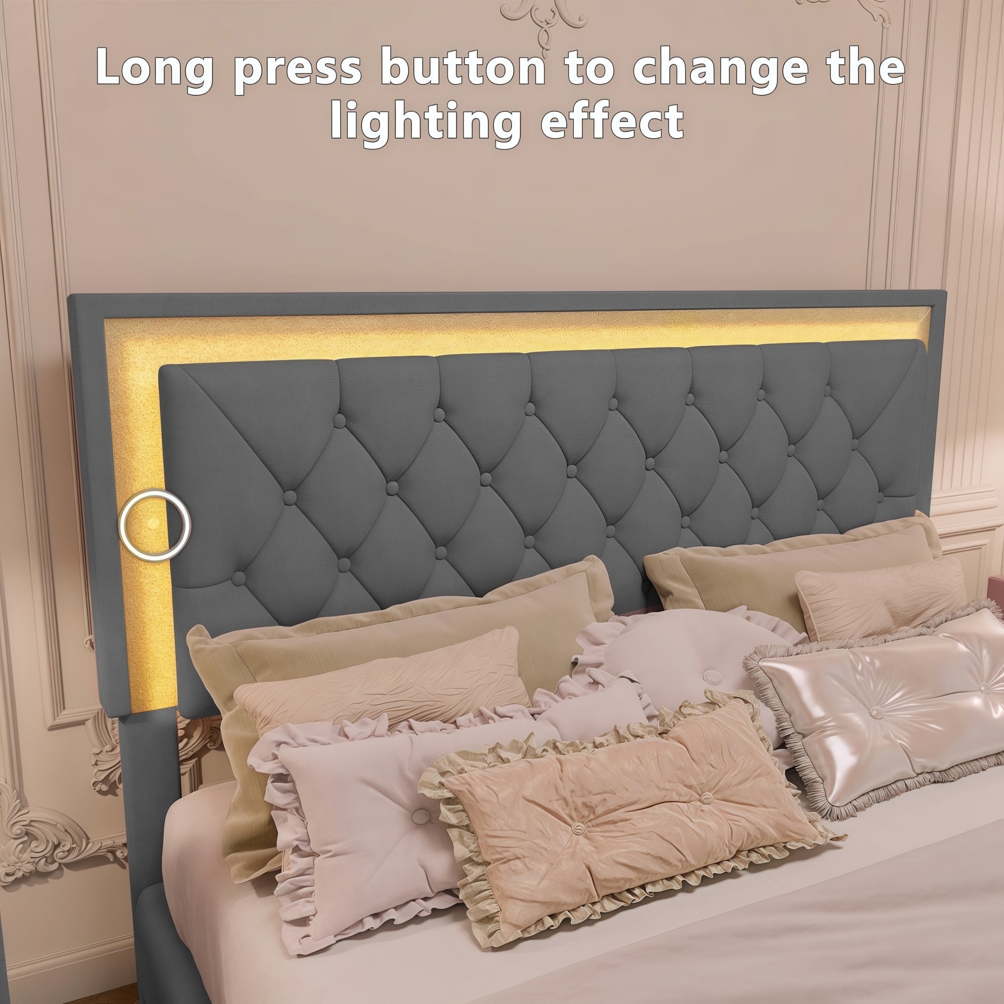 Queen Size Upholstered Bed Frame with LED Lights