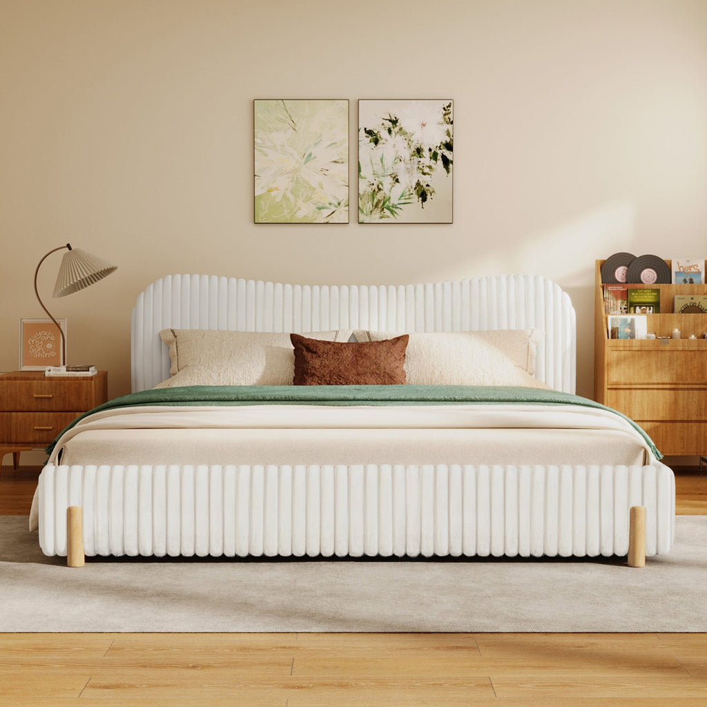 Sleek White Boucle Upholstered Bed with Wavy Headboard