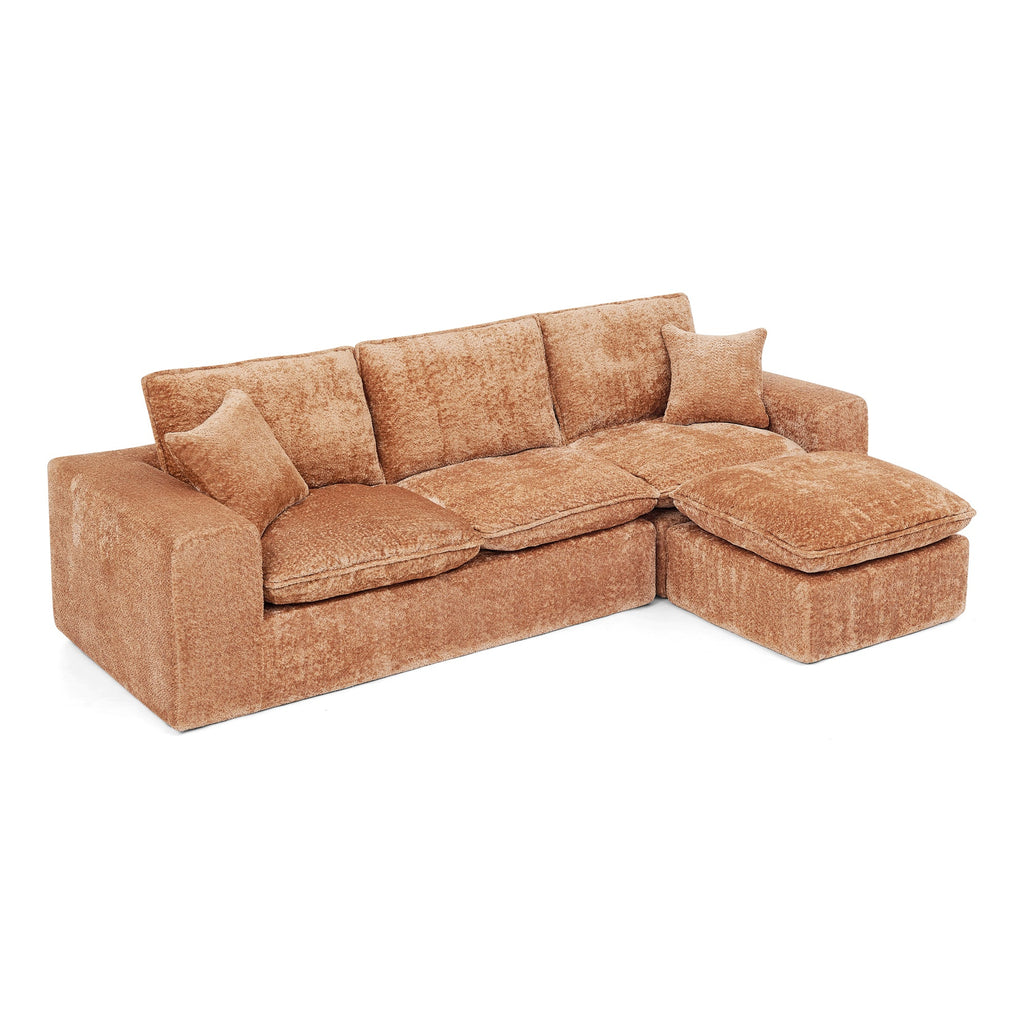 Modern Orange L-Shaped Sectional Sofa with 2 Ottomans Cloud-Like Modular Couch