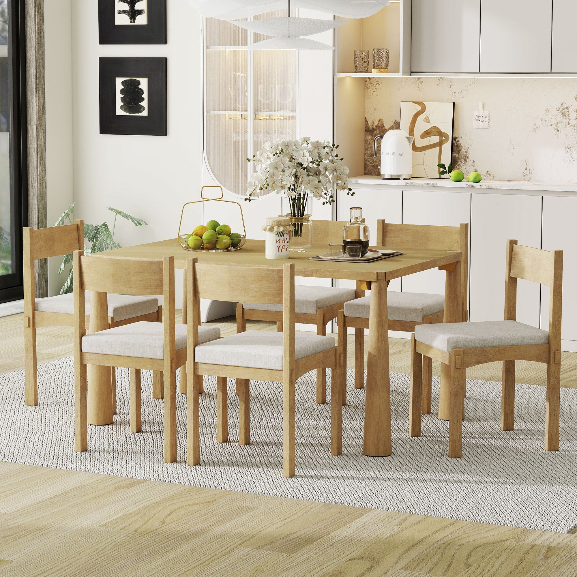 7-Piece Retro Wood Dining Table Set