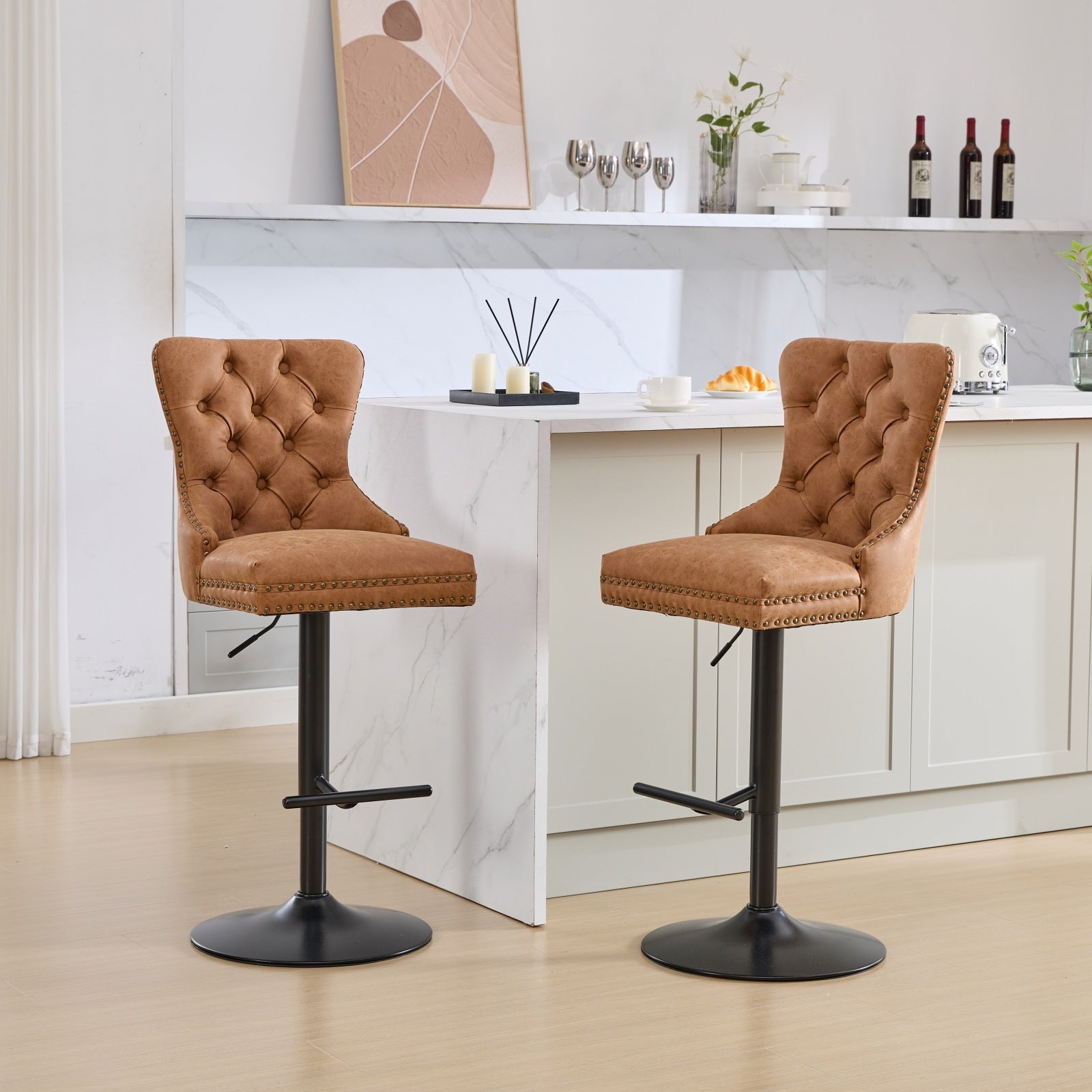 Aged and Retro PU Swivel Barstools Adjusatble Seat Height (Set of 2)