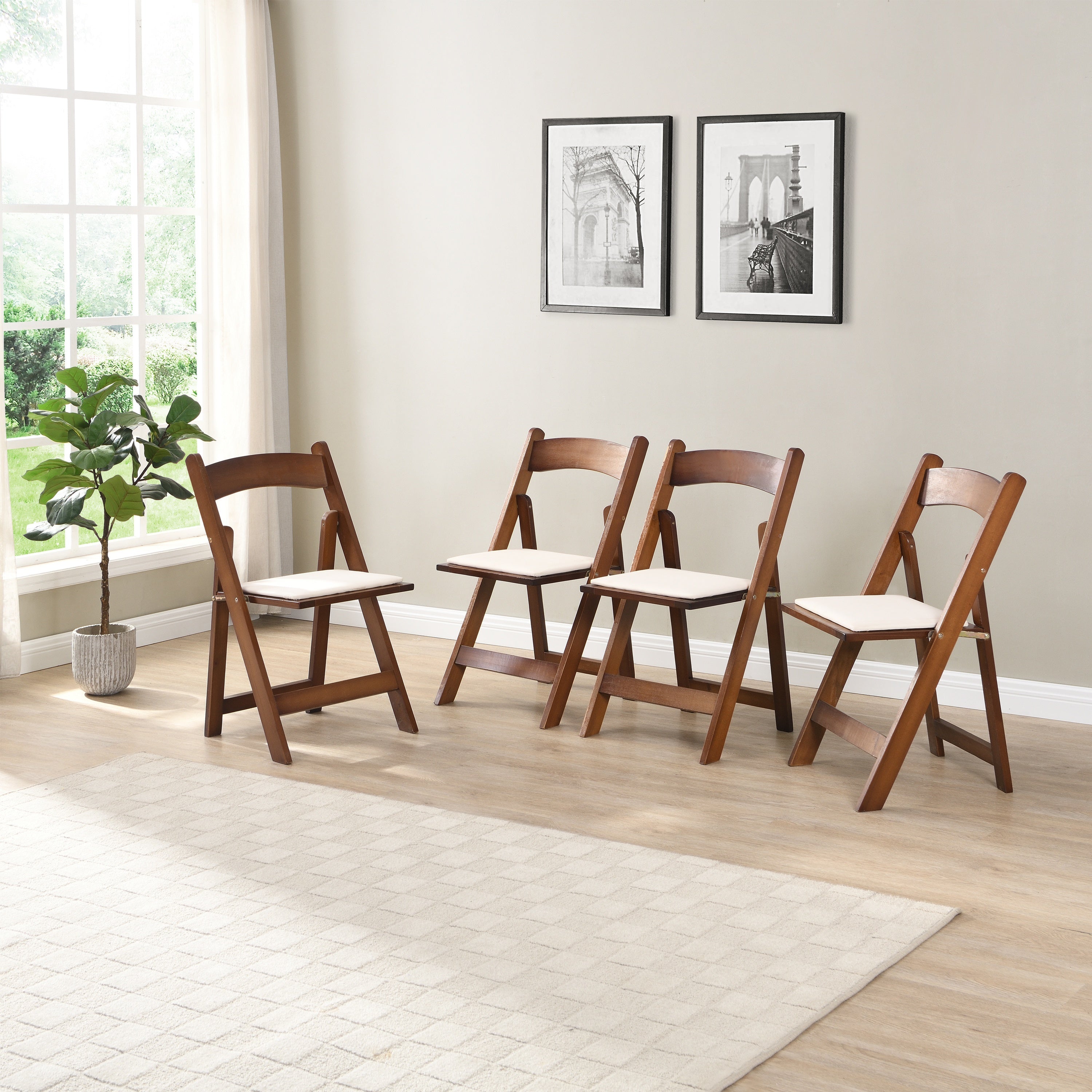 Set of 4 Folding Chairs Cushioned Solid Wood Space-Saving Dining Chairs