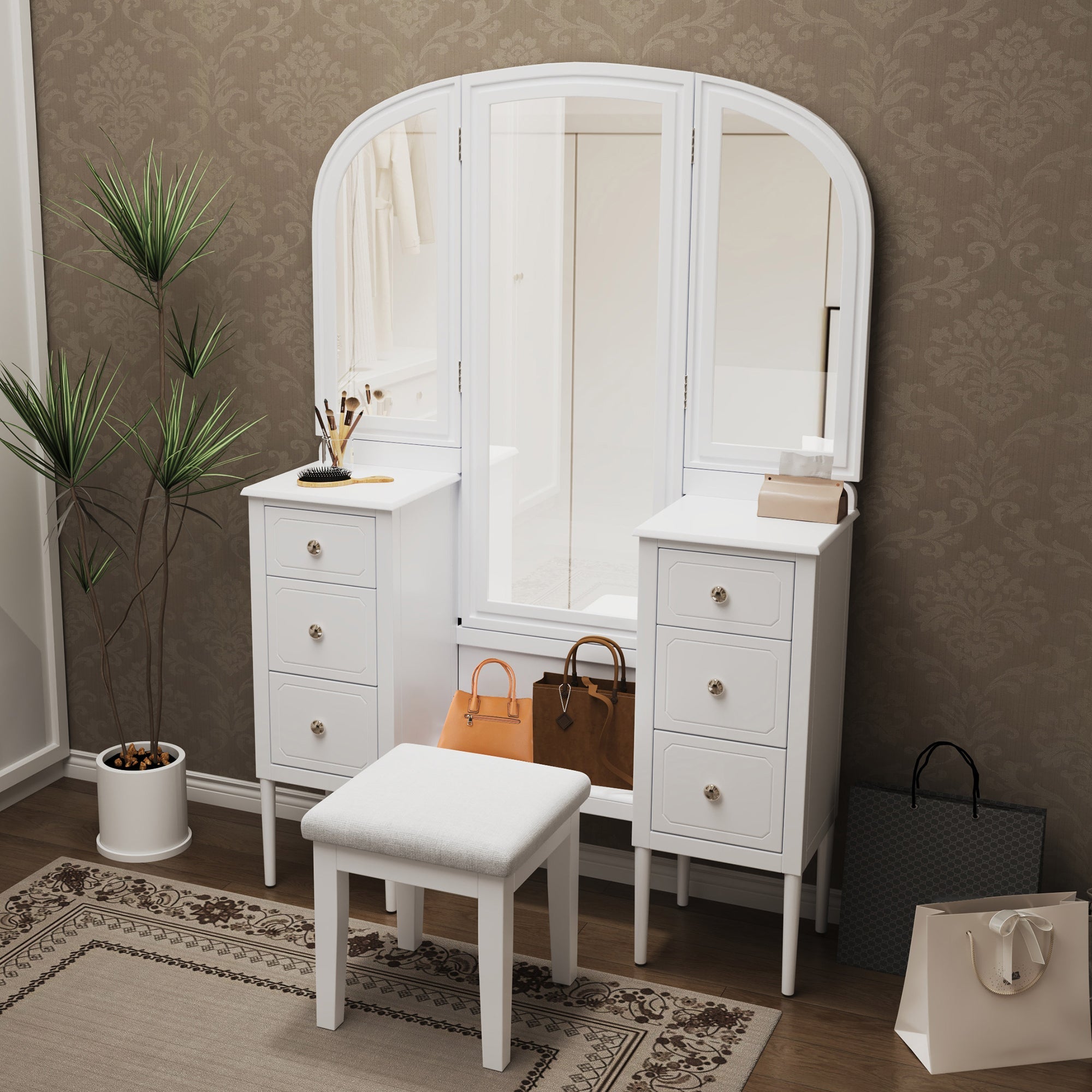 Antique Makeup Vanity Desk with Triple Mirror