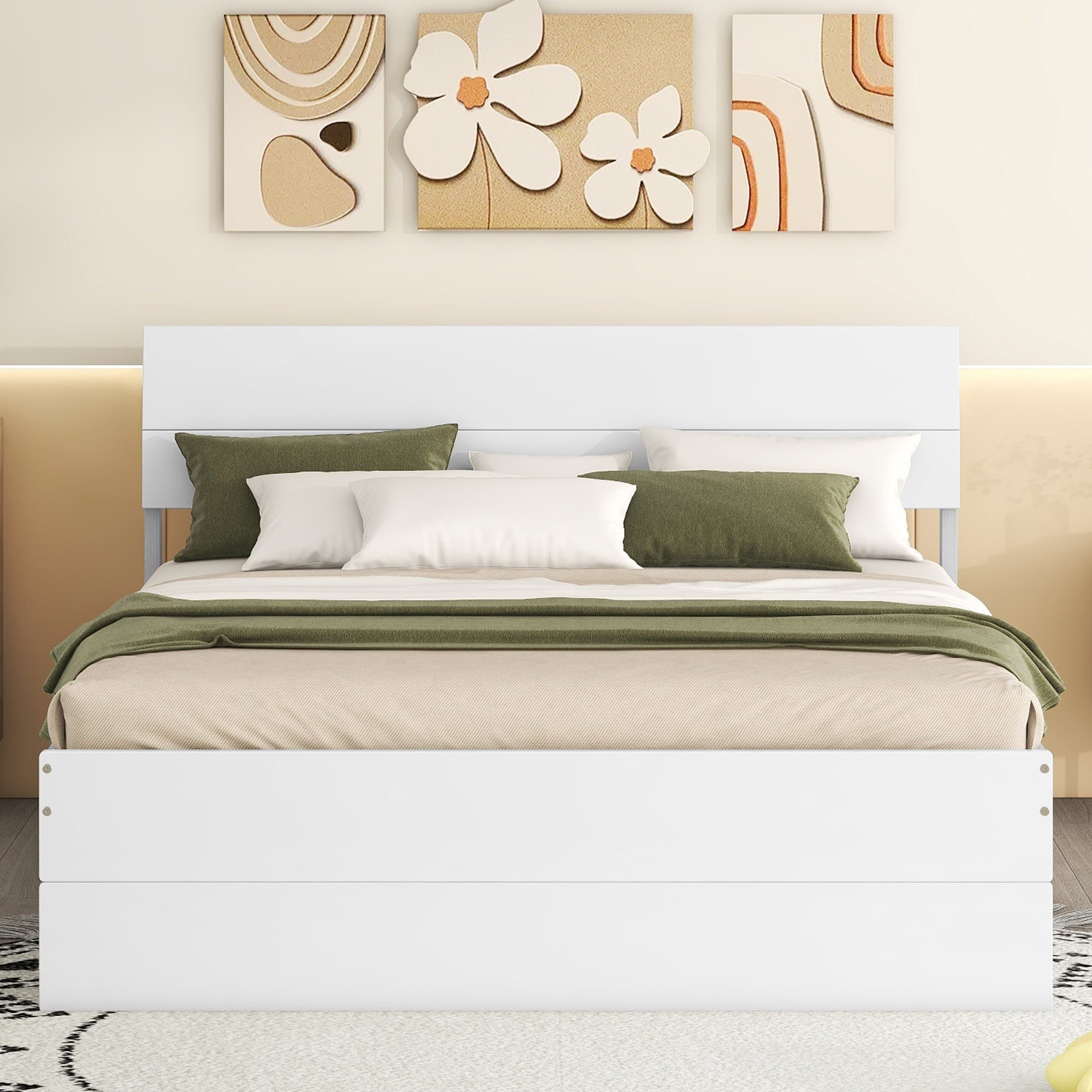 Modern Full Size Bed Frame with Twin Size Trundle and 2 Drawers