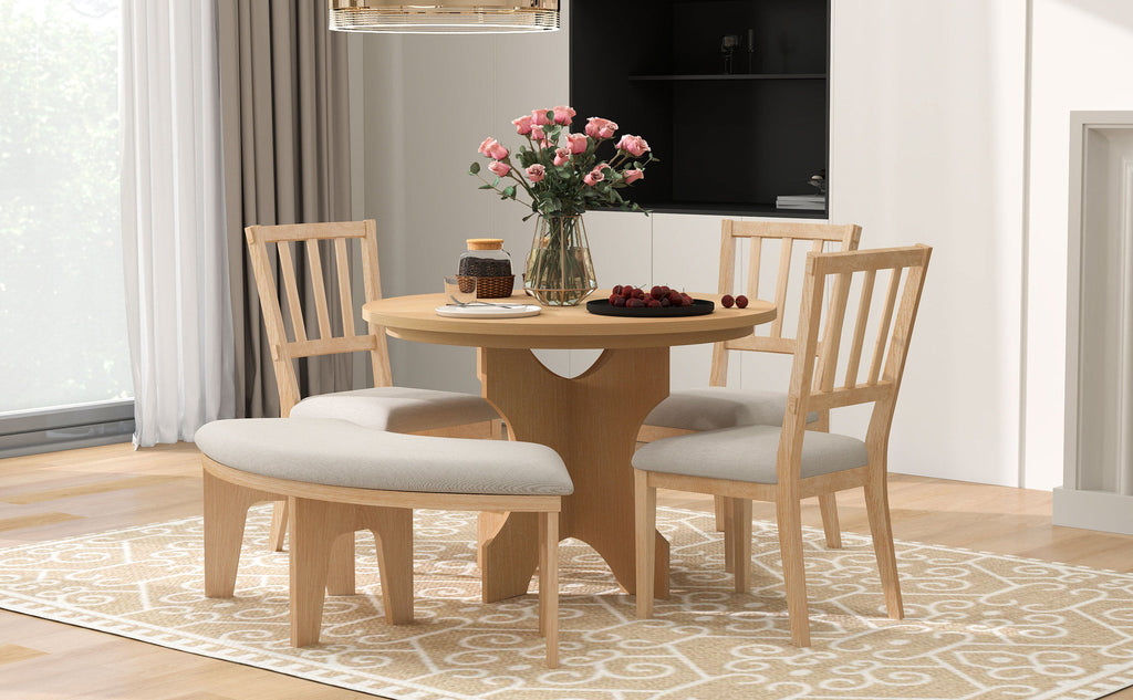 Rustic Charm Round Dining Set with 3 Upholstered Chairs