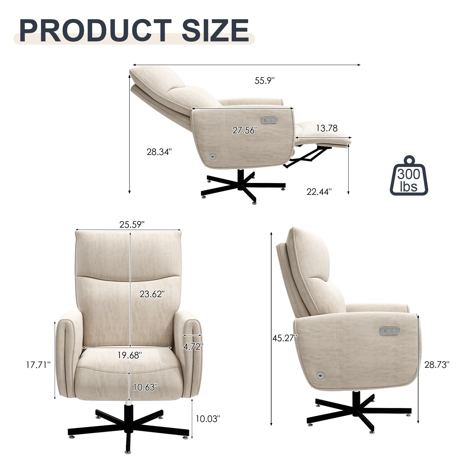 Beige  Velvet Power Swivel Office Recliner with USB & Type-C Charging
