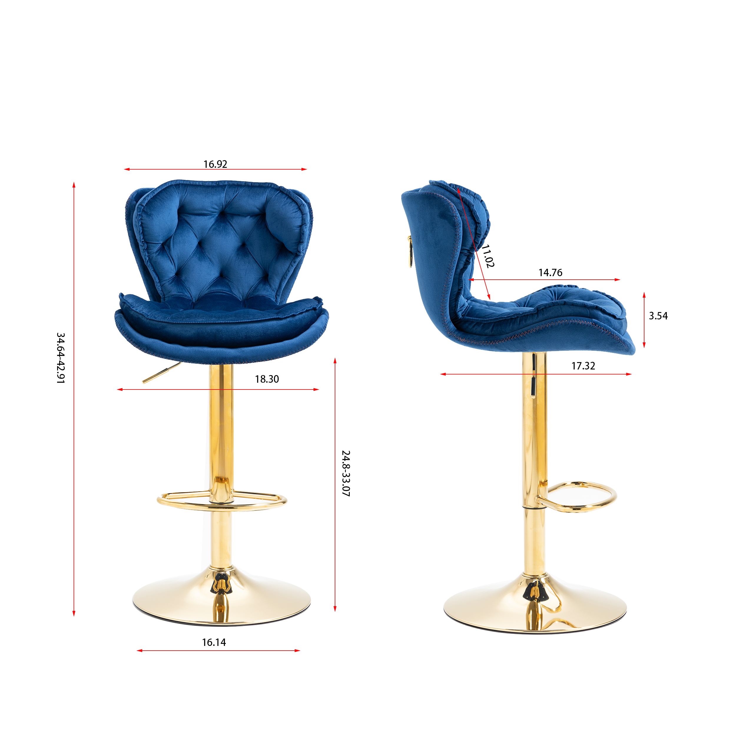 Velvet Bar Stools Set of 2 - Gold Base Adjustable Swivel Counter