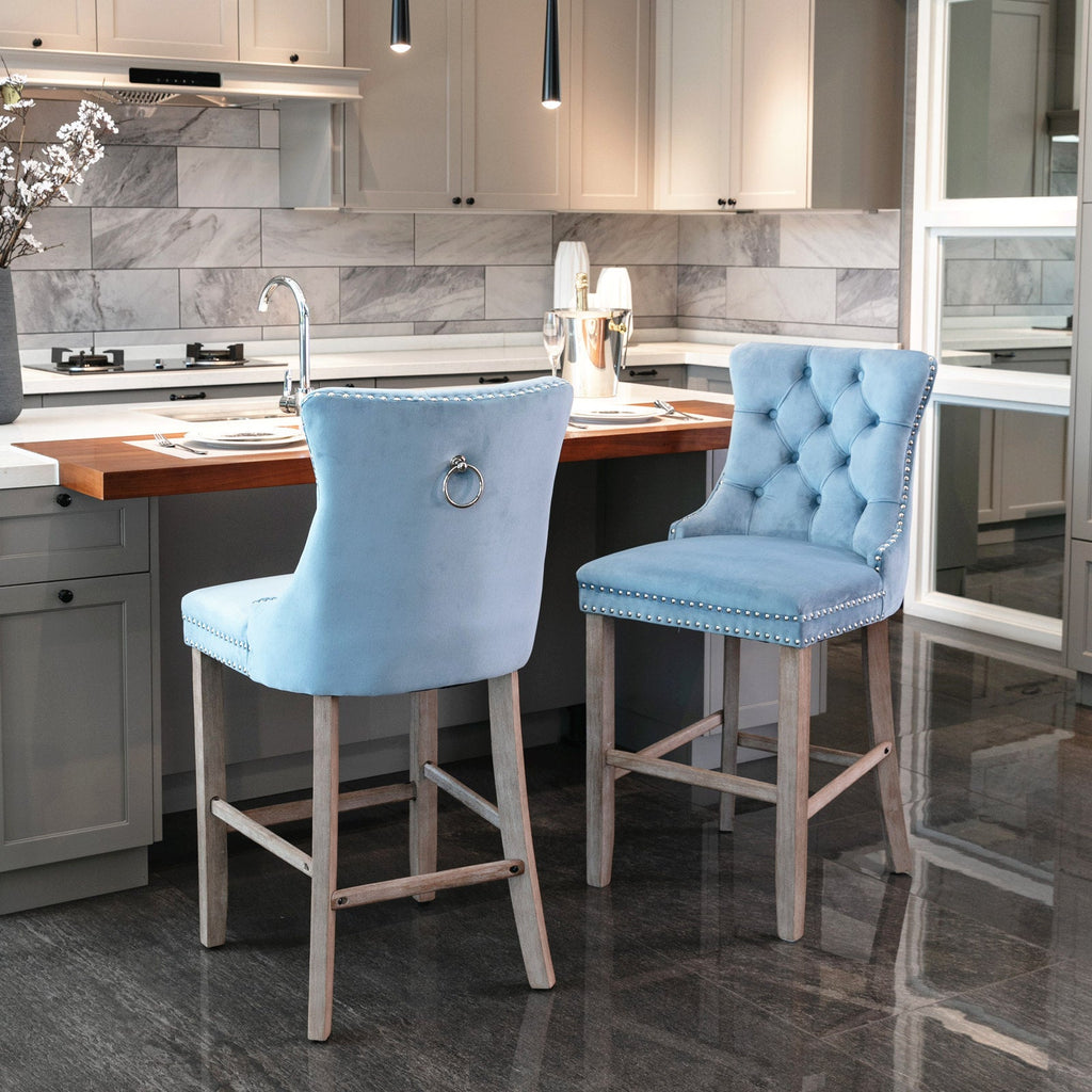 Contemporary Velvet Upholstered Barstools with Button Tufted Decoration (Set of 2)
