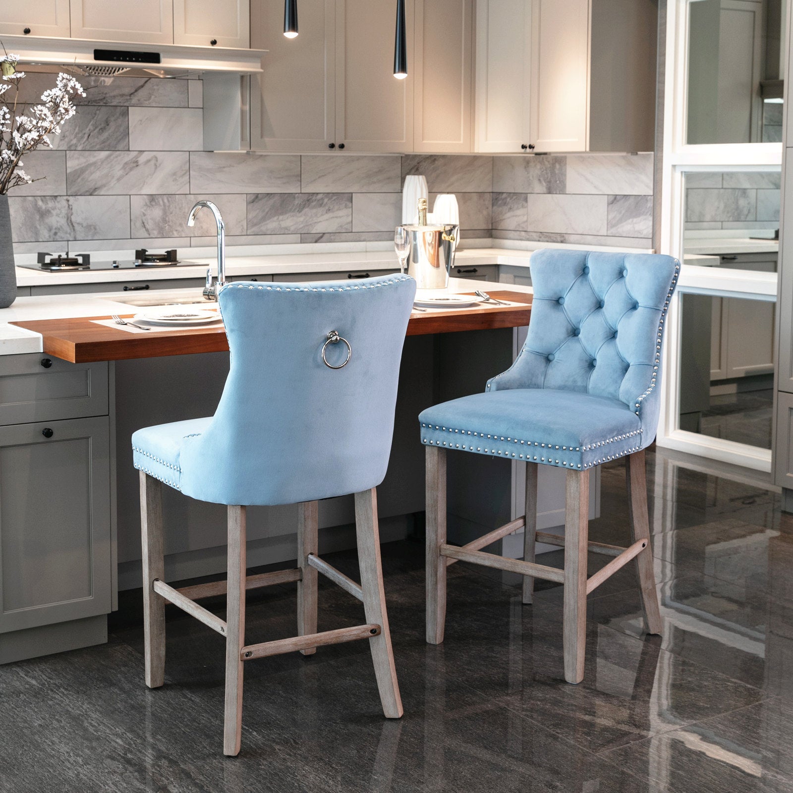 Contemporary Velvet Upholstered Barstools with Button Tufted Decoration (Set of 2)