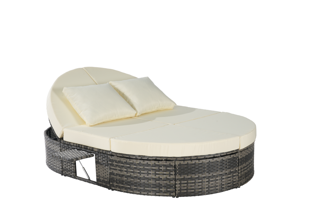 Round outdoor patio daybed with adjustable backrests foldable cup trays and cushioned wicker design ideal for backyard and poolside lounging