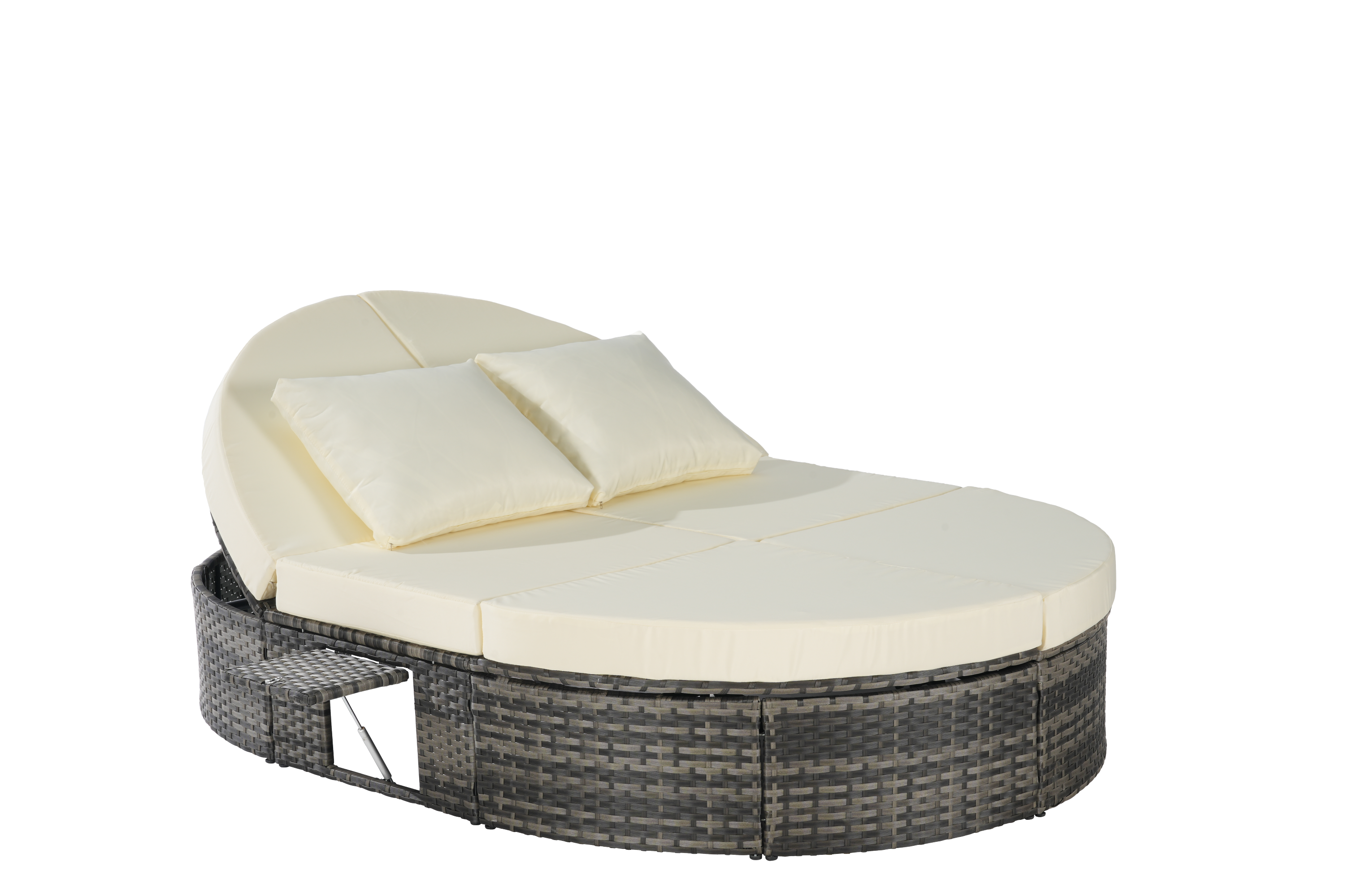 Round outdoor patio daybed with adjustable backrests foldable cup trays and cushioned wicker design ideal for backyard and poolside lounging