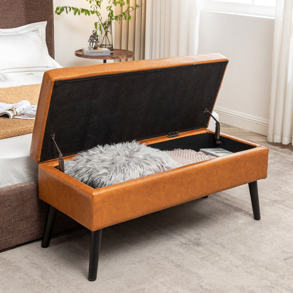 Brown PU Leather Storage Bench