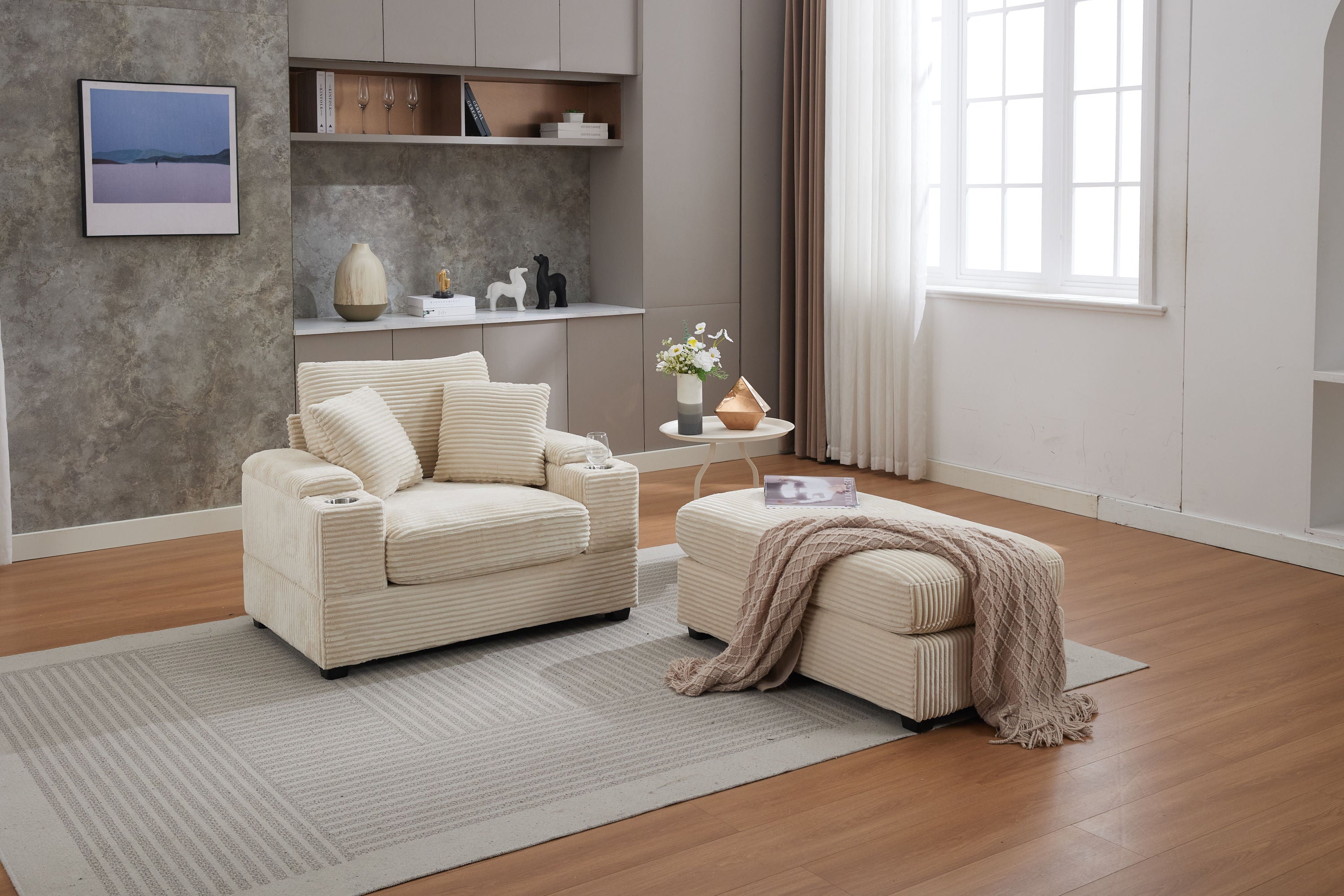 Corduroy Upholstered Chaise Lounge Sofa with Handrail Storage