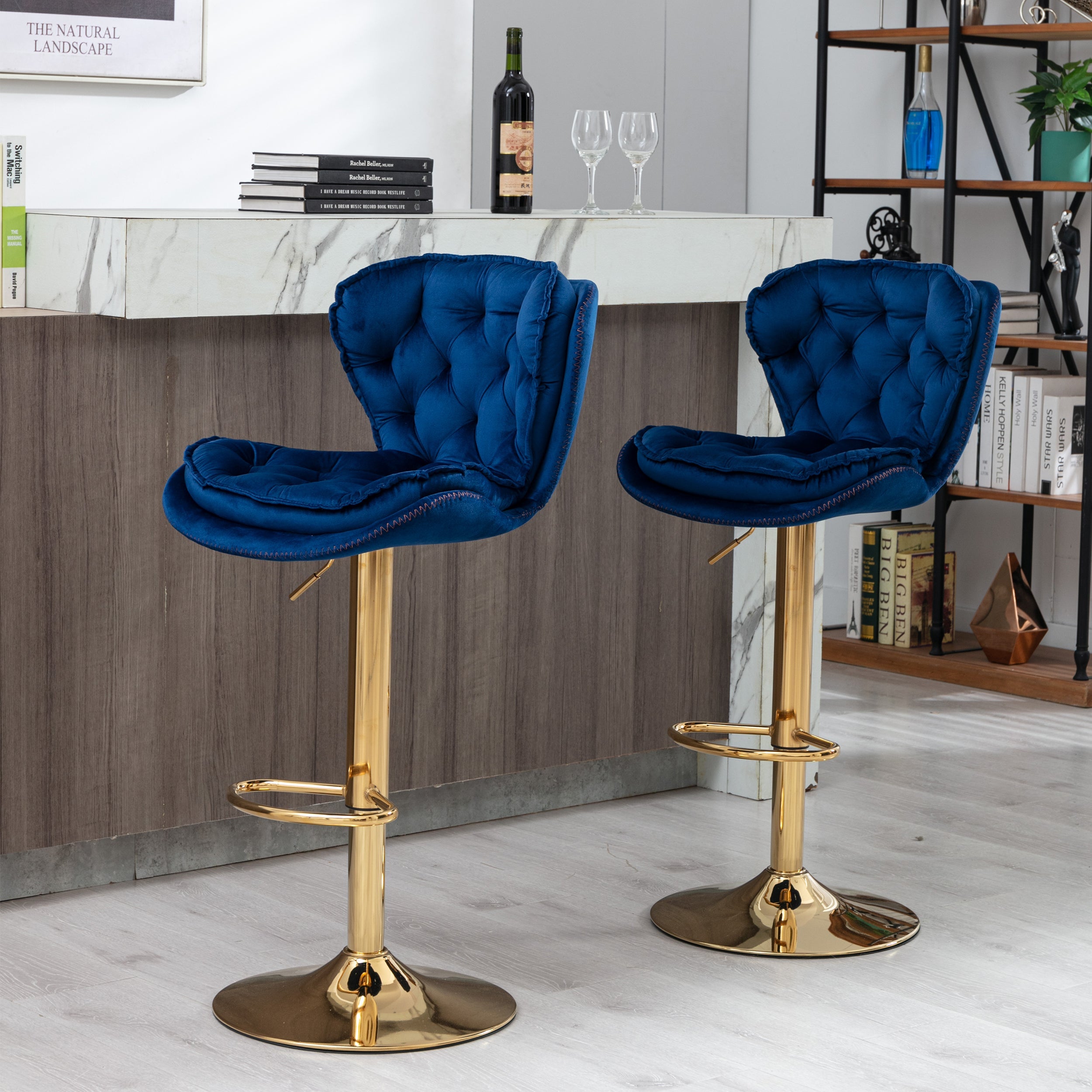 Velvet Bar Stools Set of 2 - Gold Base Adjustable Swivel Counter