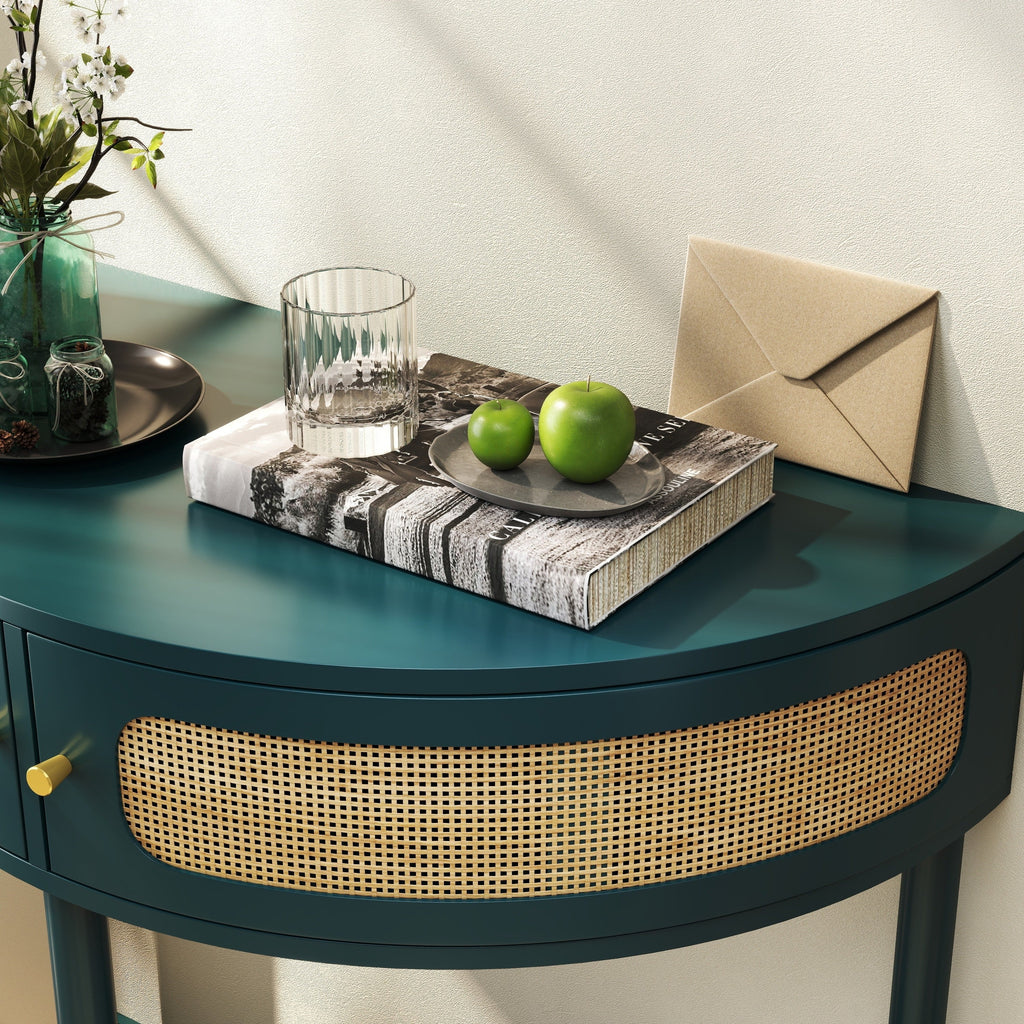 Rattan Semi Circle End Table with 2 Rattan Storage Cabinet