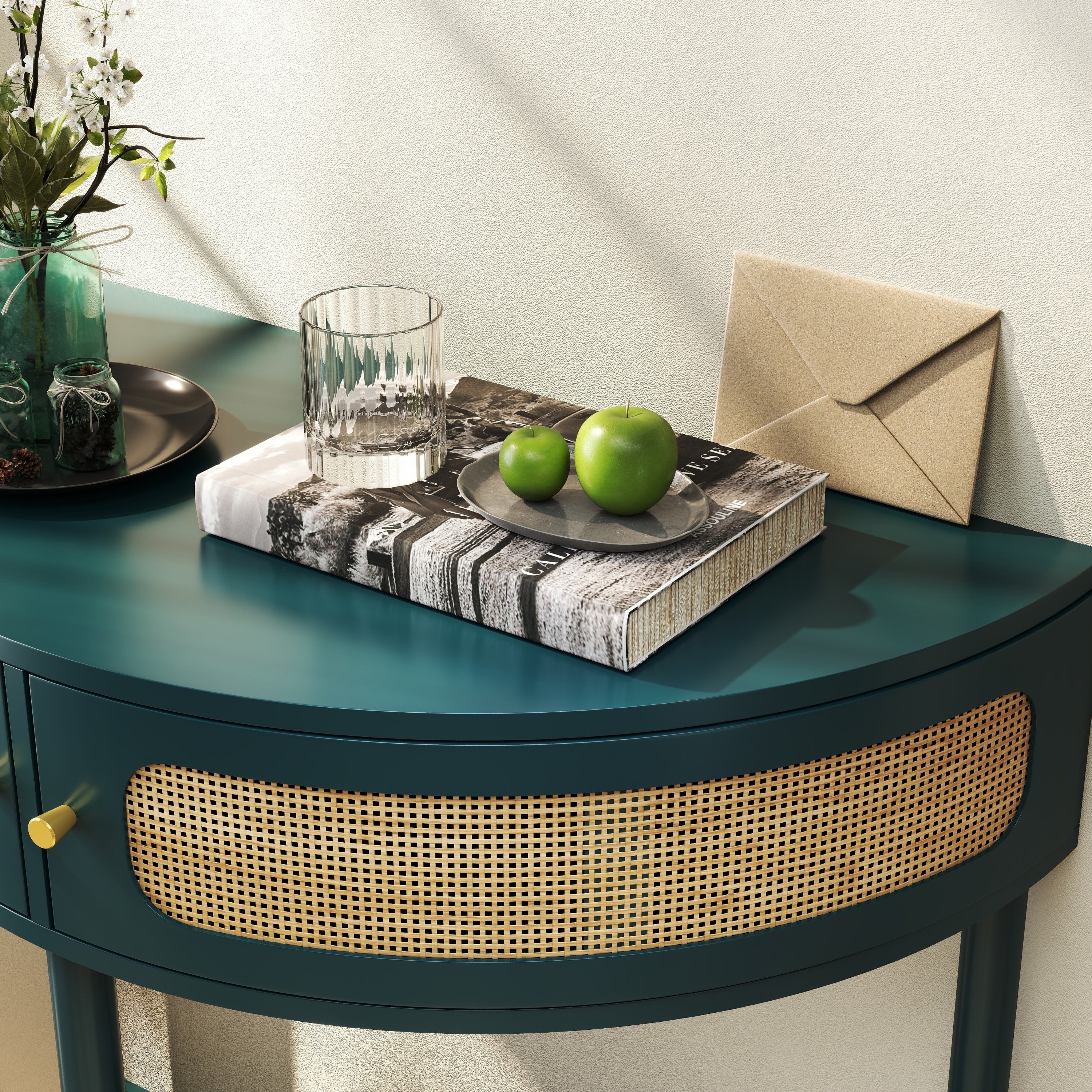 Rattan Semi Circle End Table with 2 Rattan Storage Cabinet