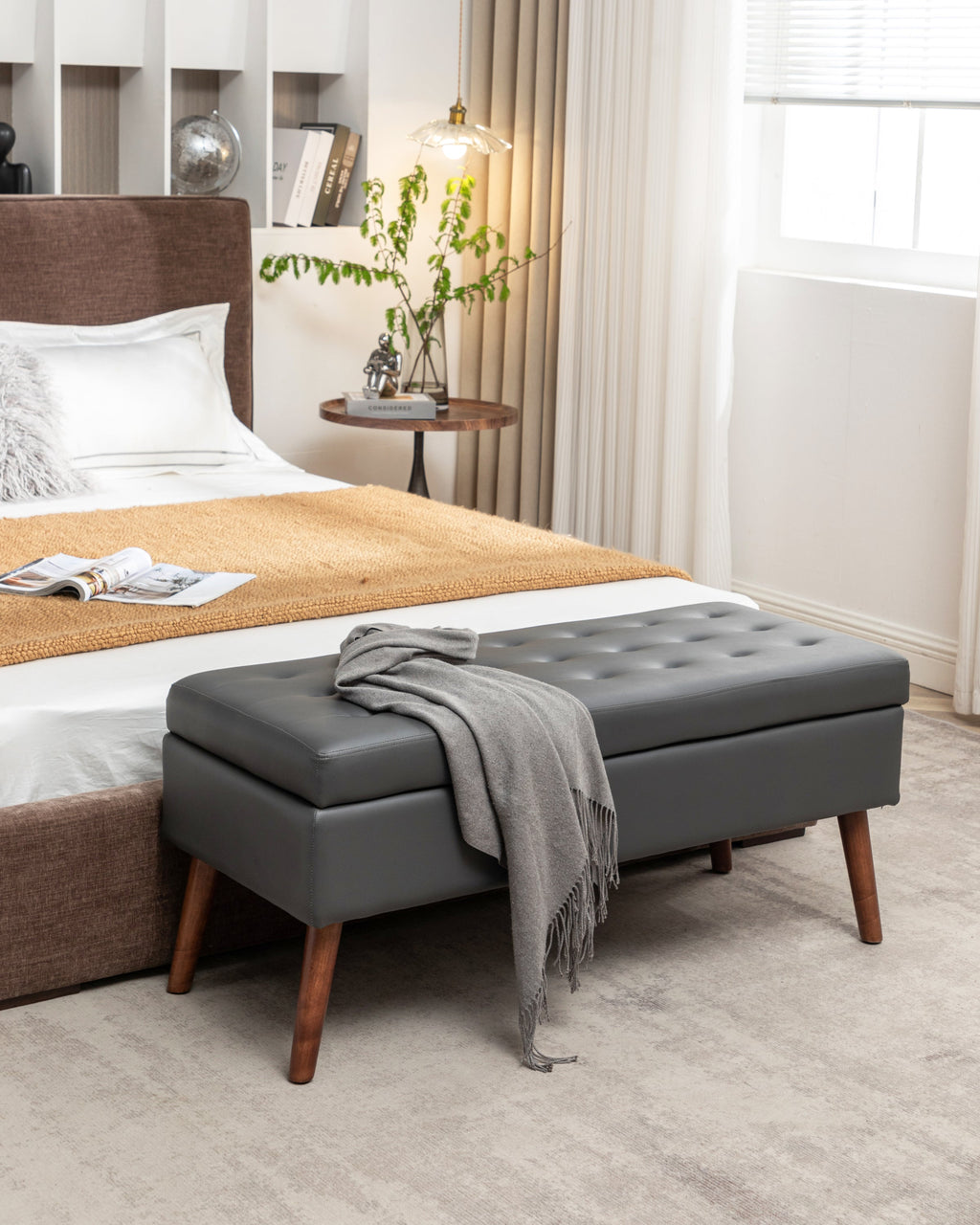 Brown PU Leather Storage Bench