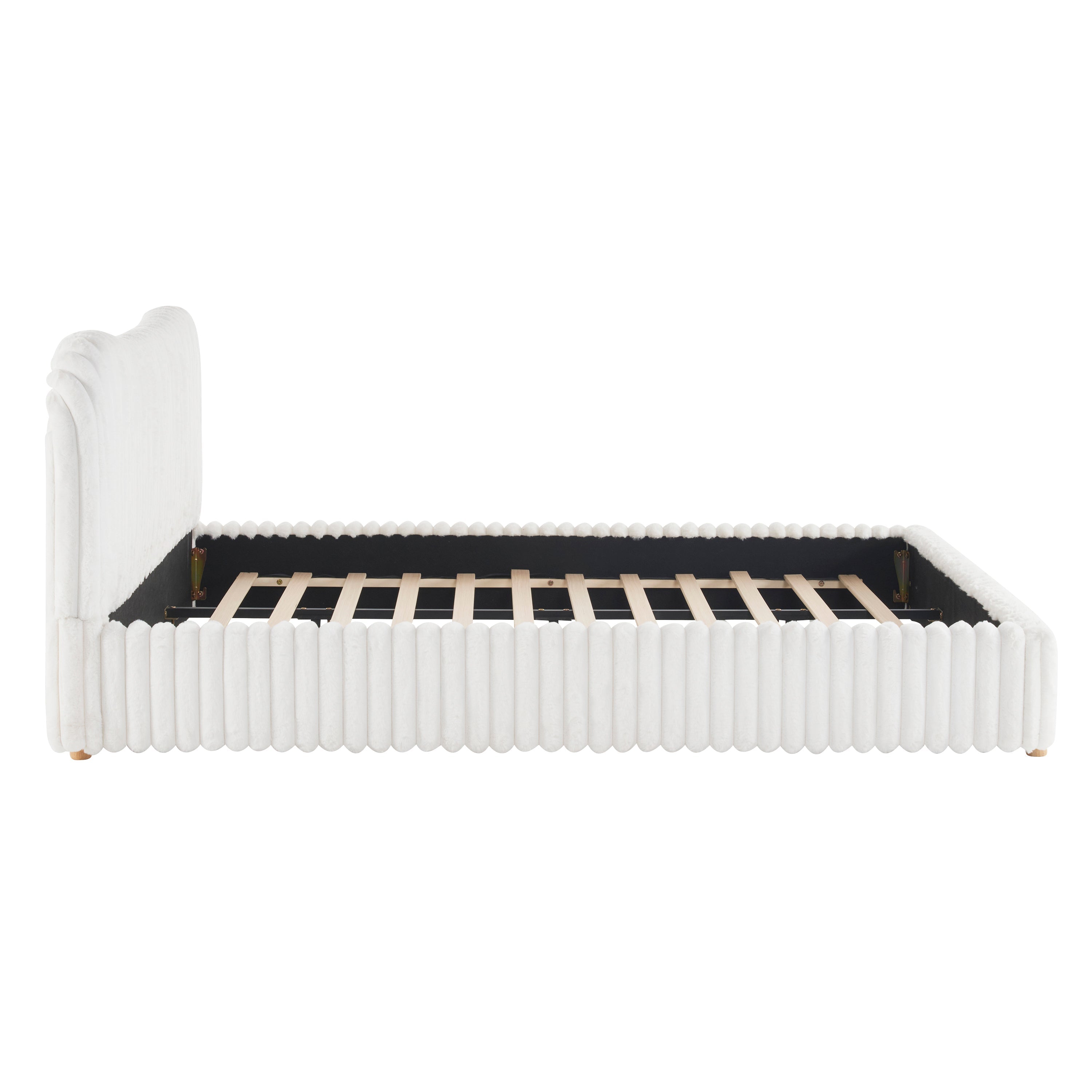 Sleek White Boucle Upholstered Bed with Wavy Headboard