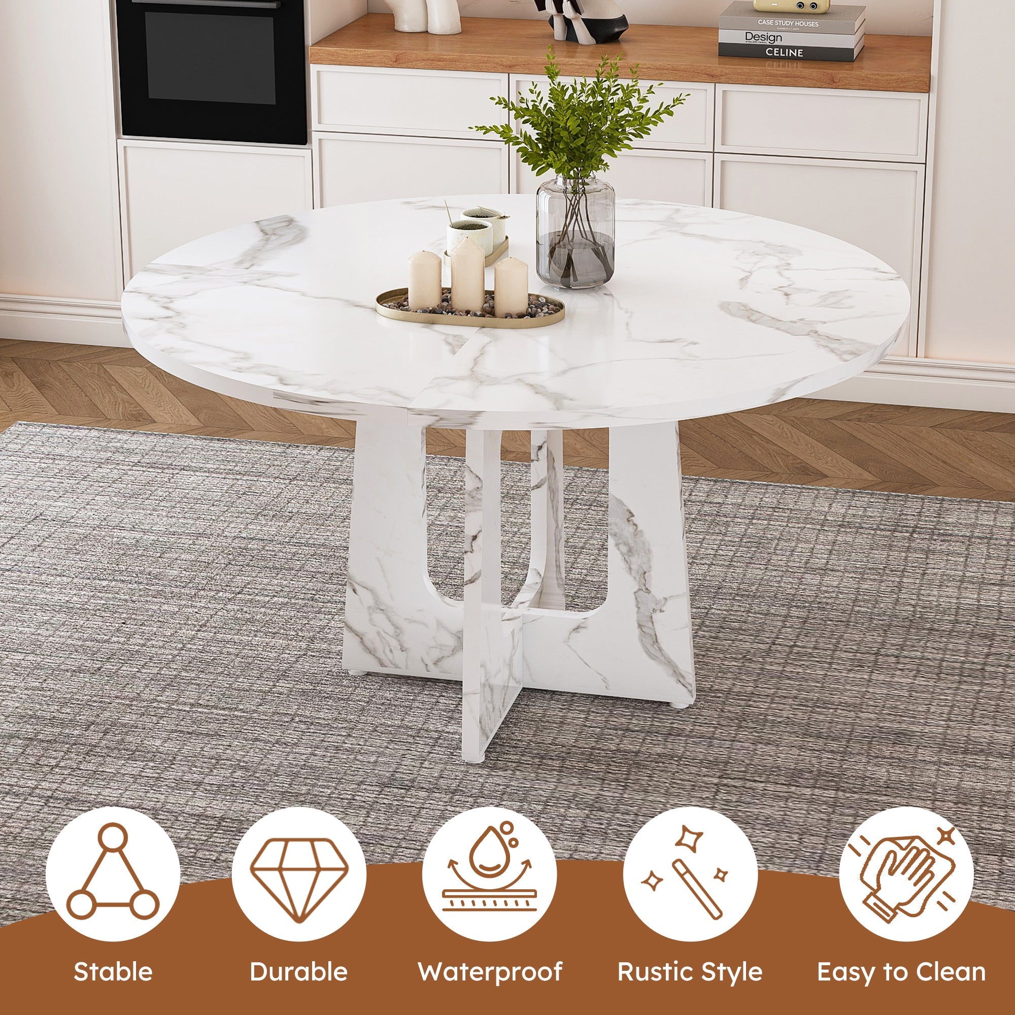 Modern 47.24' Round Dining Table with Marble White Finish
