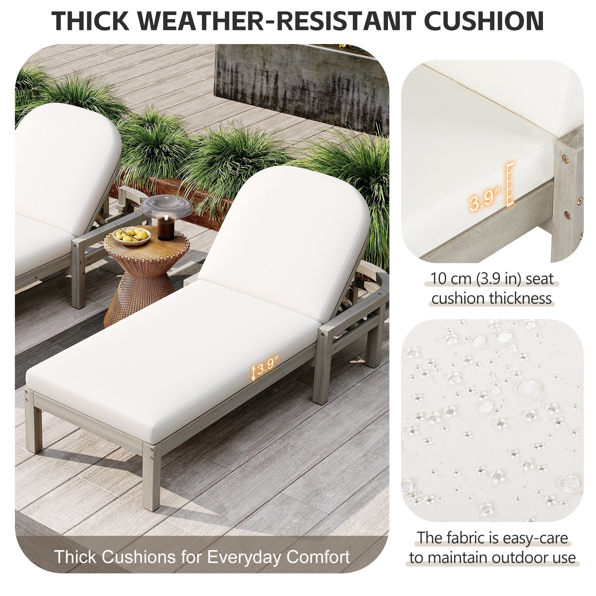 Acacia Wood Chaise Lounge Chairs 5-Position Adjustable Backrest for Patio Poolside