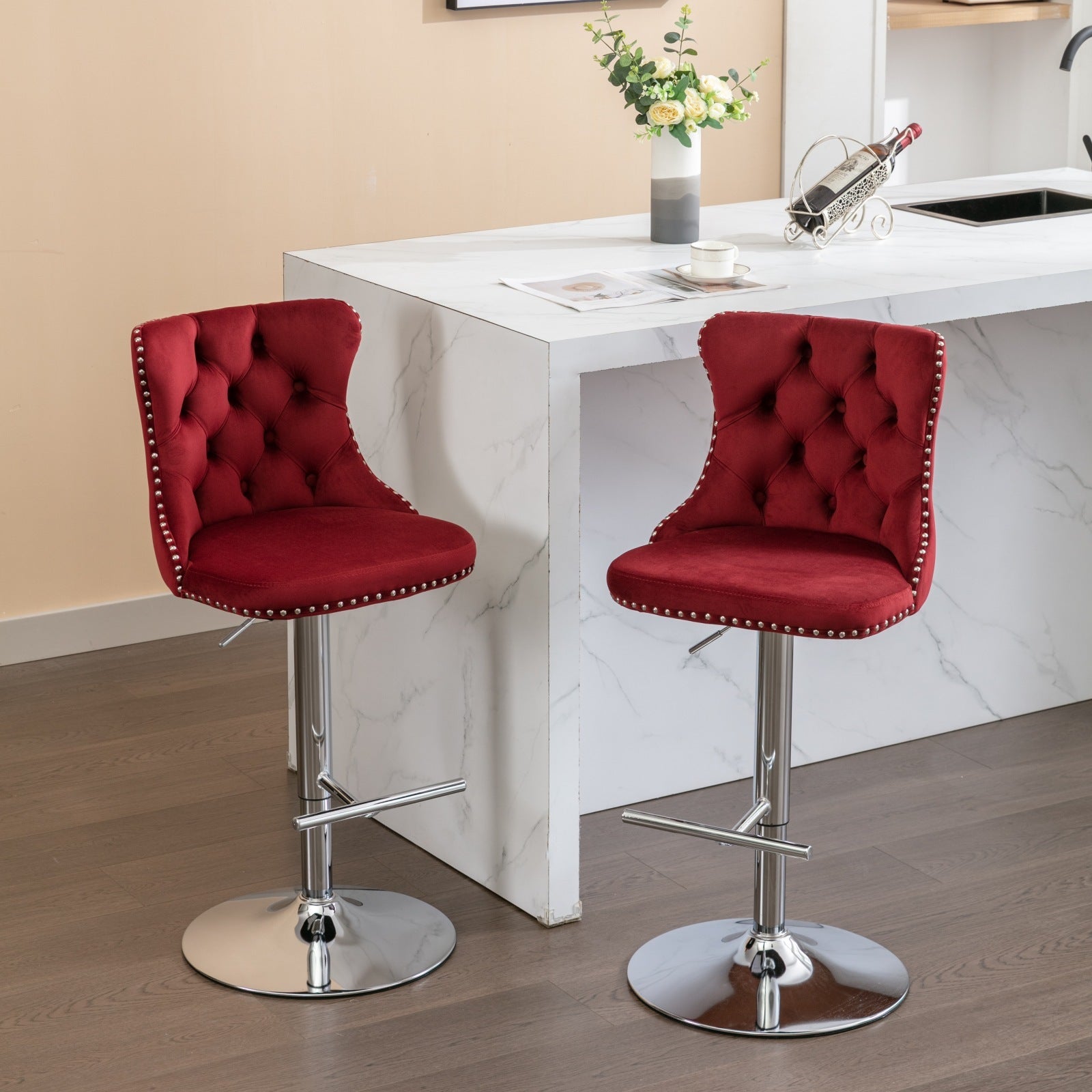 25-33 Inch Modern Velvet Swivel Barstools (Set of 2)